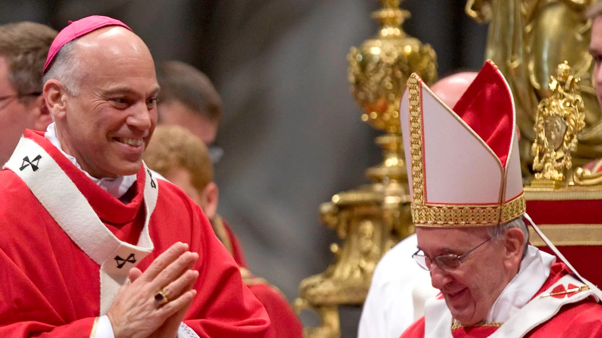 Vatican, Rome - June 29, 2013 Solemnity of St. Peter and Paul at St. Peter Basilica and imposition of the Pallium (a papal insignia) upon the new metropolitan archbishops In the middle from left: Monsignor Salvatore Joseph Cordileone, archbishop of San Francisco (USA), and Pope Francis