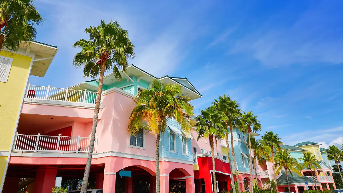 Florida Fort Myers colorful facades and palm trees in USA