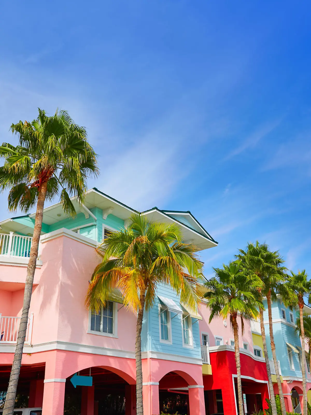 Florida Fort Myers colorful facades and palm trees in USA