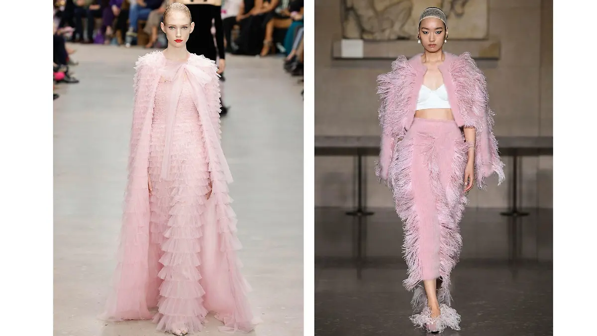 Auch auf den Laufstegen hat sich 2024 Babyrosa schon durchgesetzt: Links ein Look von Carolina Herrera, rechts von Erdem