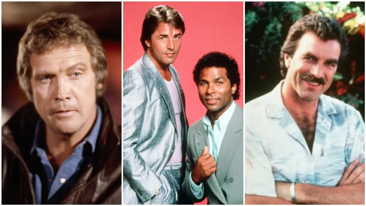 Lee Majors als Colt Seavers, Philip Michael Thomas und Don Johnson in Miami Vice und Tom Selleck als Magnum