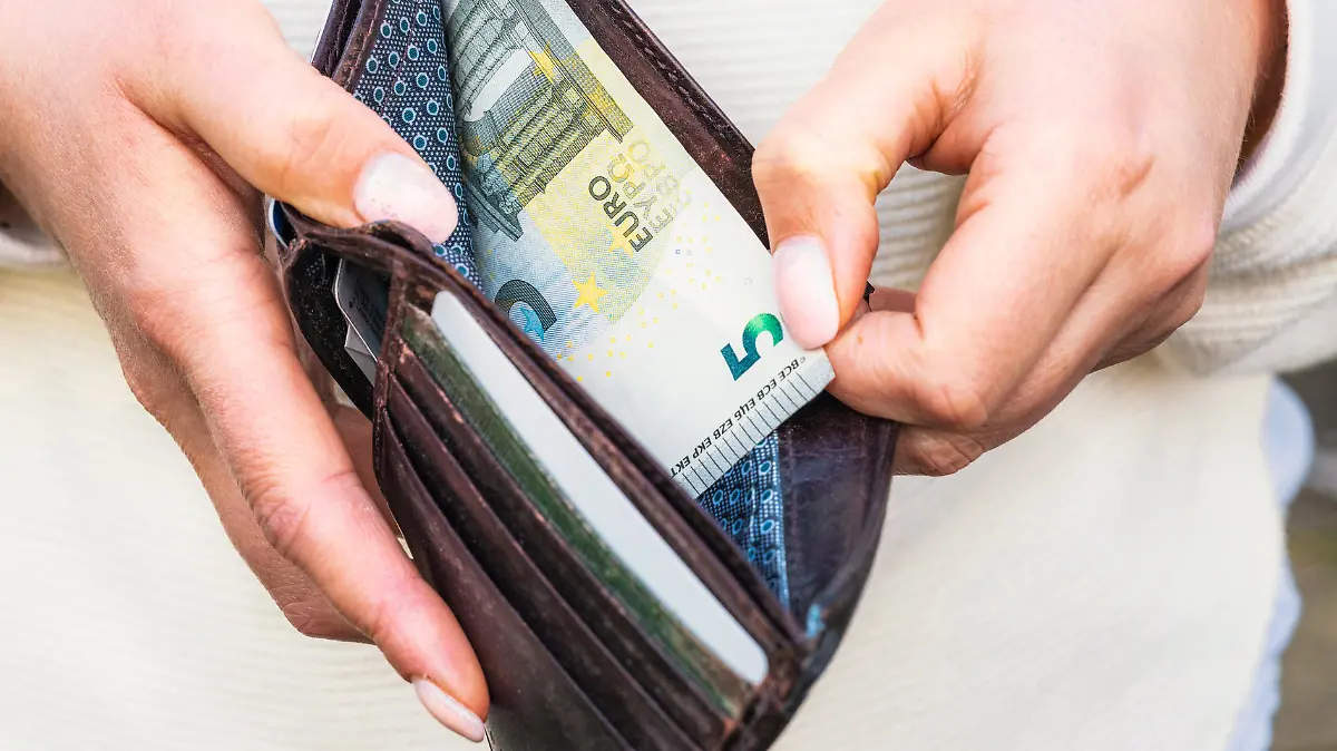 Close-up as a woman takes the last remaining banknote, a five Euros note, from her wallet.
