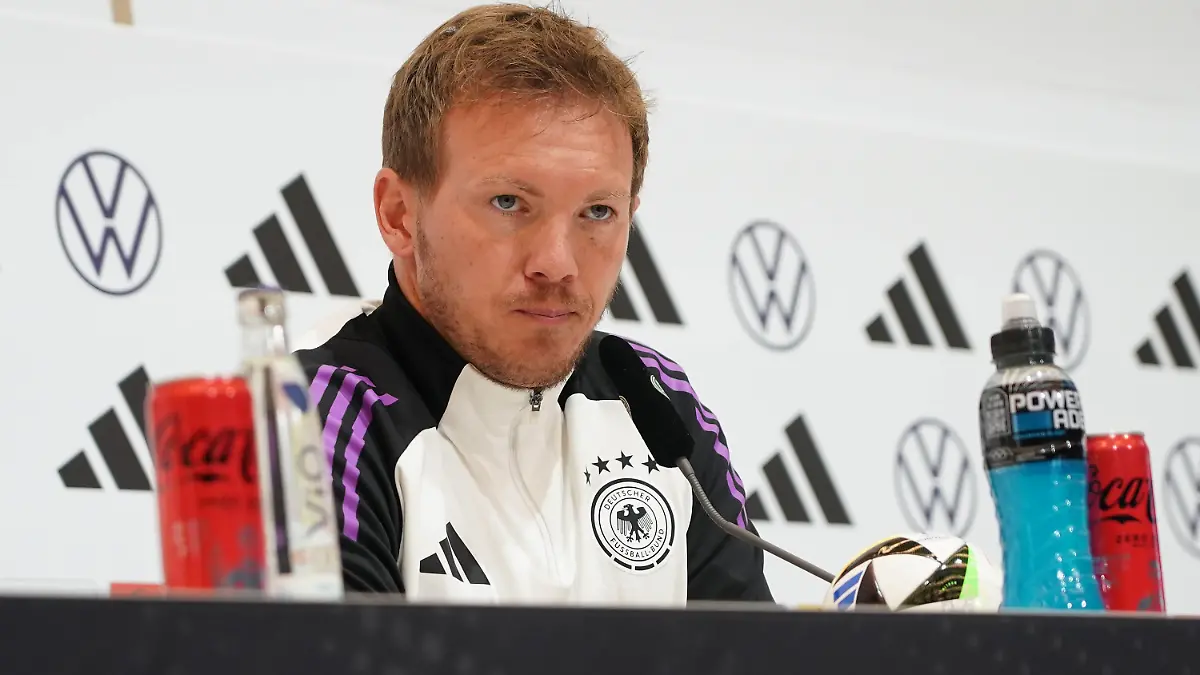 Bundestrainer Julian Nagelsmann Deutschland Germany bei der Pressekonferenz - Herzo Base 02.06.2024: Pressekonferenz Deutschland, Home Ground. World of Adidas, Herzogenaurach *** National coach Julian Nagelsmann Germany Germany at the press conference Herzo Base 02 06 2024 Press conference Germany, Home Ground World of Adidas, Herzogenaurach