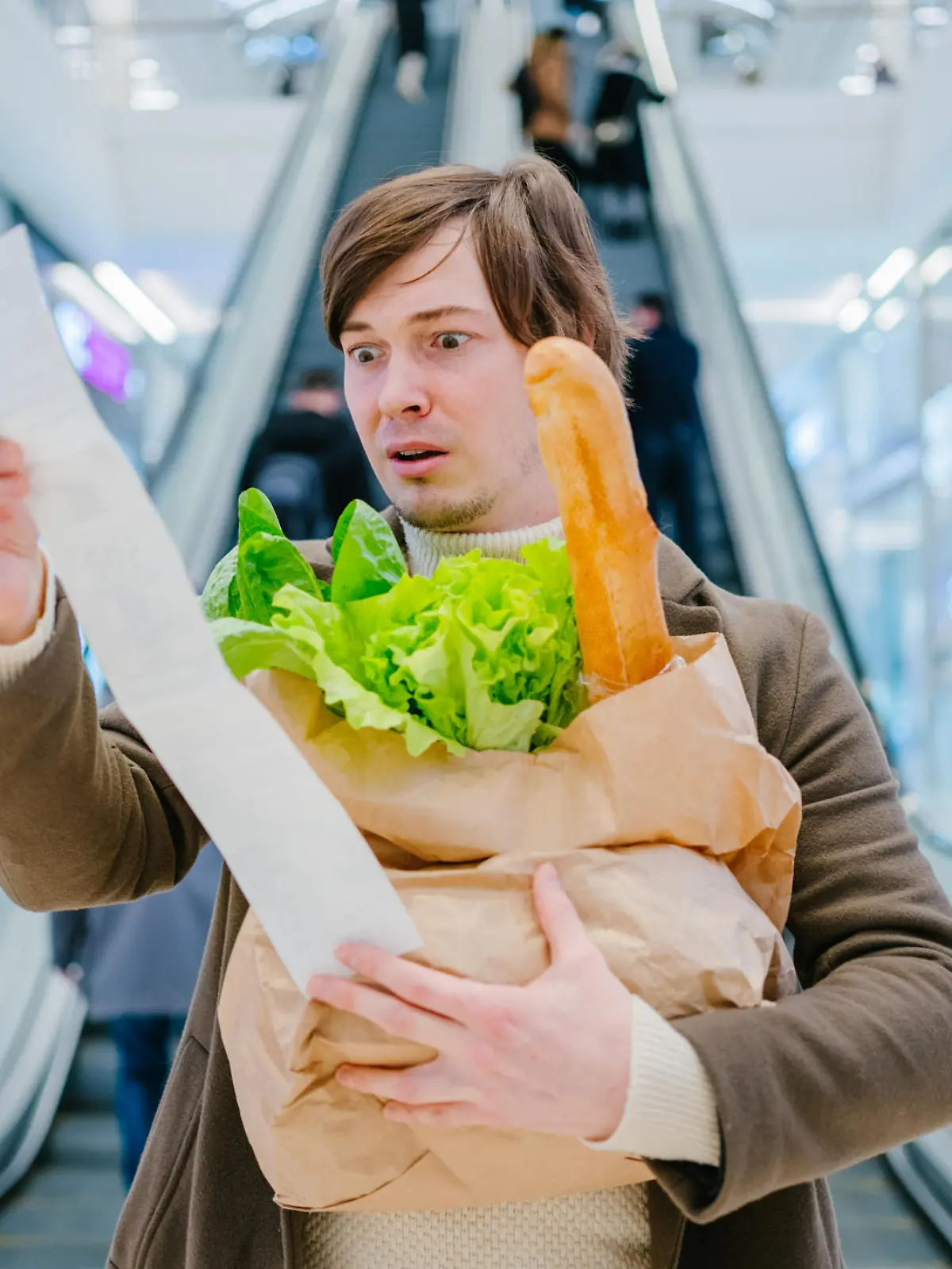 Man in a coat holds a paper check and a bag with a baguette and lettuce in a shopping mall and is shocked by the high prices of groceries.