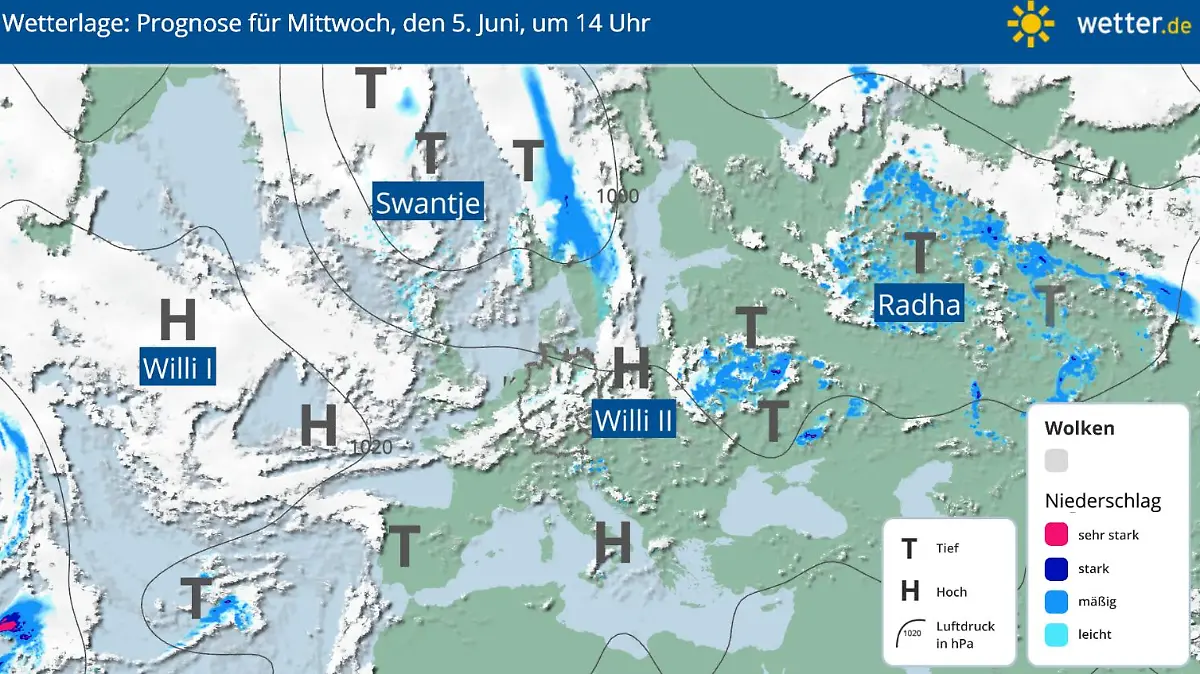 Die Wetterlage für den Mittwoch, 05.06.2024