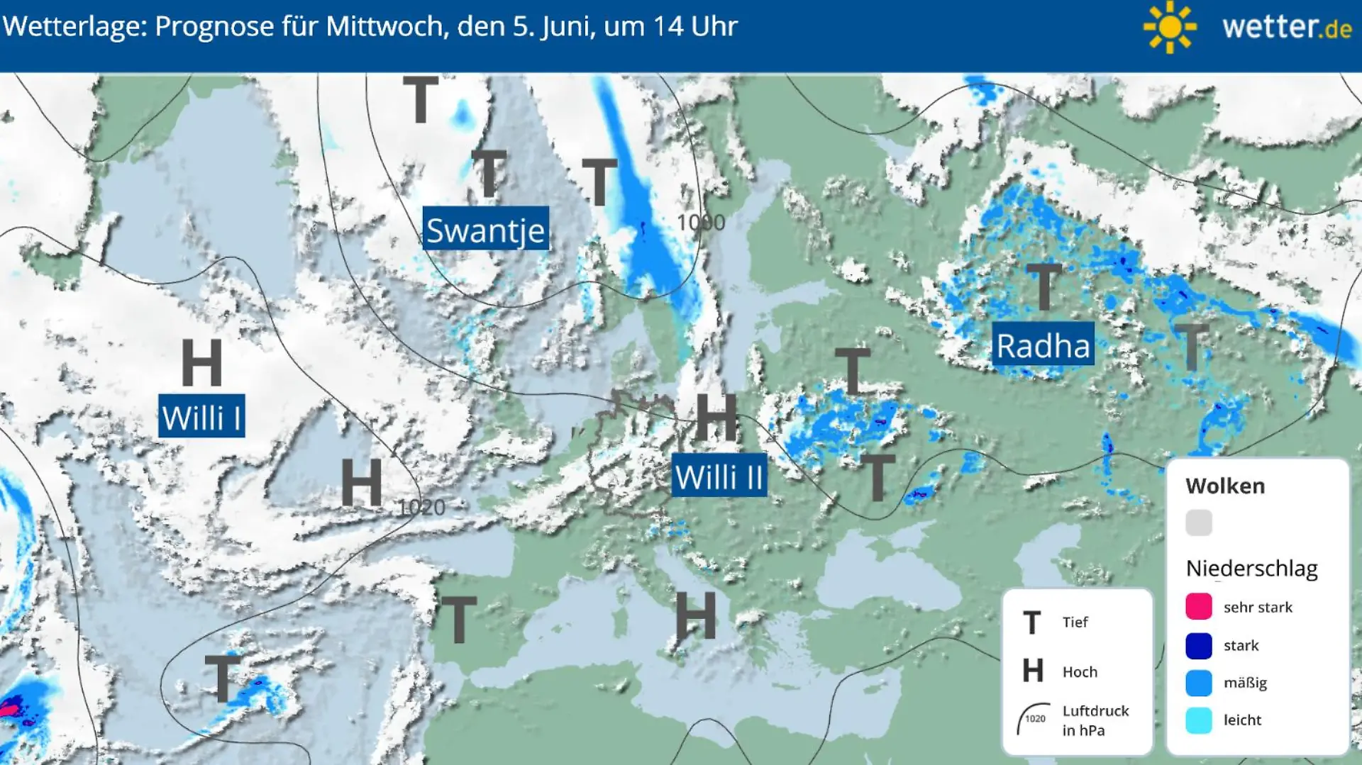 Die Wetterlage für den Mittwoch, 05.06.2024