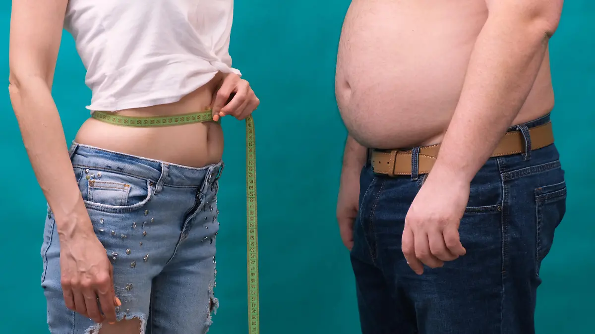 Couple Fat man and thin woman standing together, wrapped in tape measure. Diet, family weight loss and healthcare concept