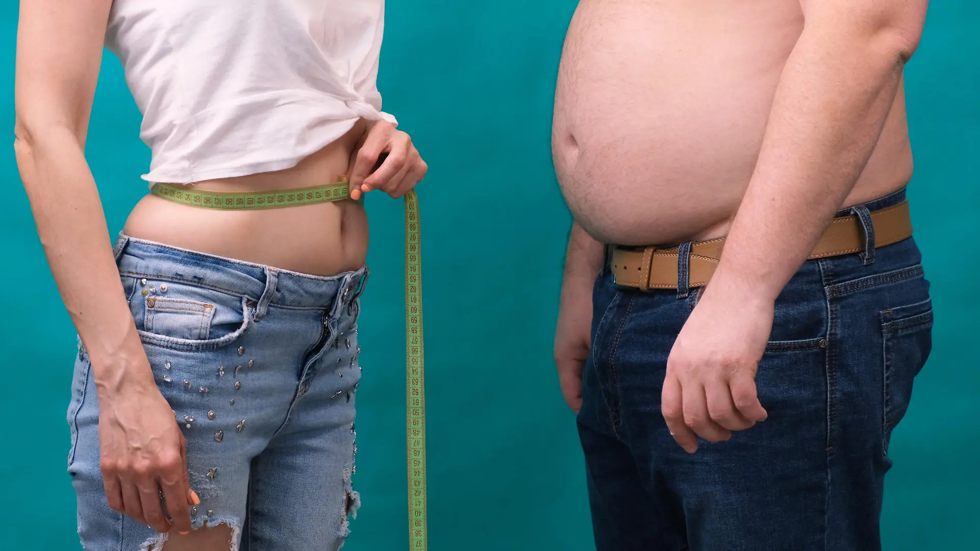 Couple Fat man and thin woman standing together, wrapped in tape measure. Diet, family weight loss and healthcare concept