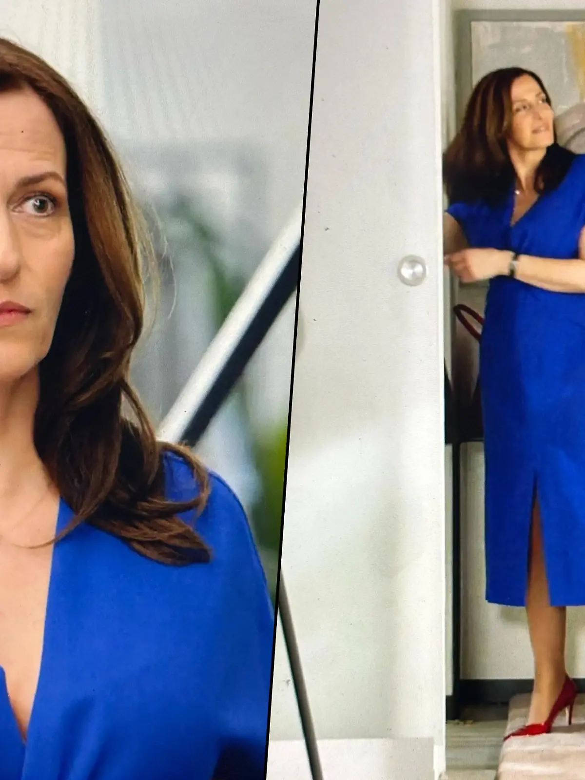 Katrin in schickem blauen Kleid.