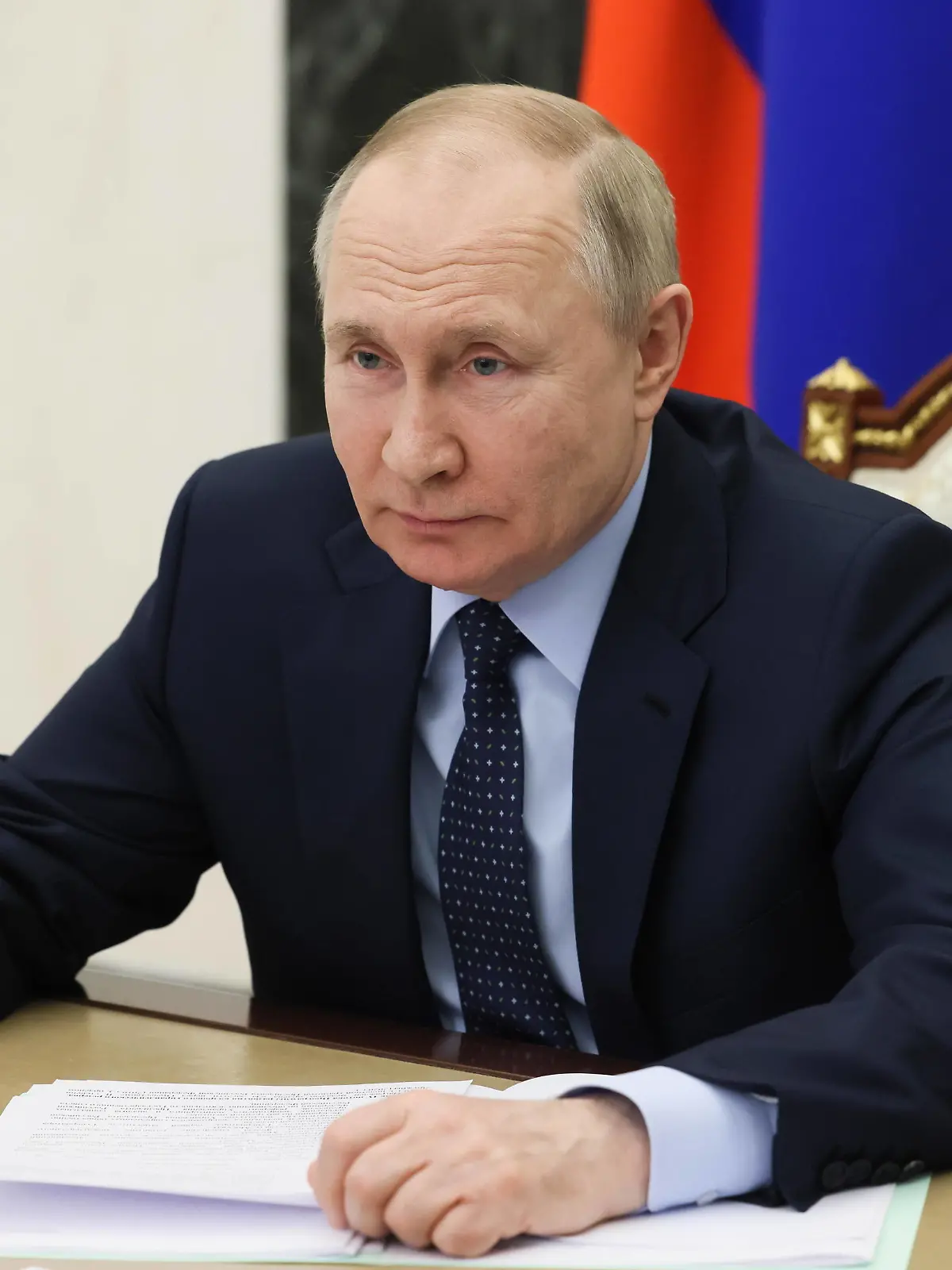  MOSCOW, RUSSIA - MAY 10, 2022: Russia s President Vladimir Putin is seen in his office in the Kremlin during a videoconference meeting with the acting head of Russia s Republic of Mari El, Zaitsev. Mikhail Metzel/POOL/TASS PUBLICATIONxINxGERxAUTxONLY TS130B9C