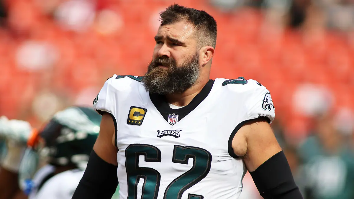 FILE - Philadelphia Eagles center Jason Kelce (62) is pictured before an NFL football game against the Washington Commanders, Sunday, Oct. 29, 2023 in Landover, Md. Jason Kelce is officially a member of ESPN’s “Monday Night Countdown” team. ESPN announced Kelce had signed a multi-year agreement on Tuesday, May 14, 2024 during a presentation to advertisers in New York. (AP Photo/Daniel Kucin Jr., File)