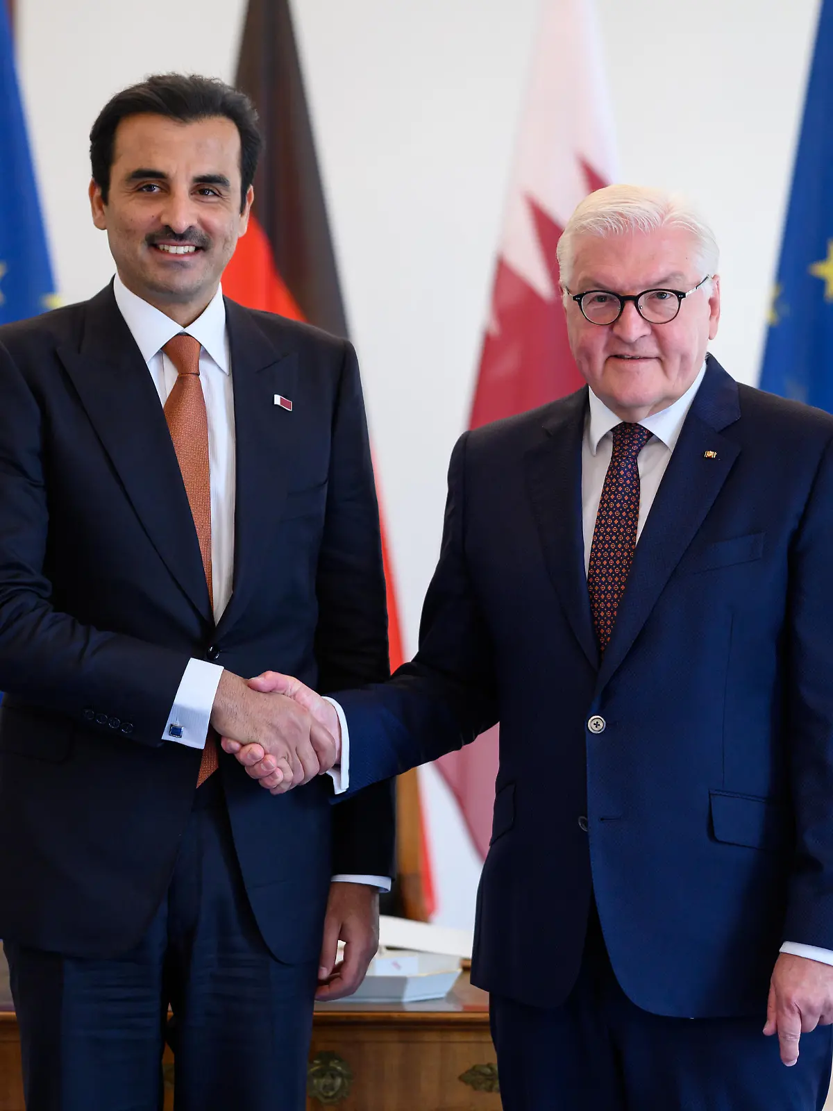 Bundespräsident Frank-Walter Steinmeier (r) und der Emir von Katar, Scheich Tamim Bin Hamad Al Thani, treffen sich im Schloss Bellevue zu einem Gespräch. Der Emir des Golfstaats befindet sich auf einer mehrtägigen Reise durch mehrere europäische Länder.