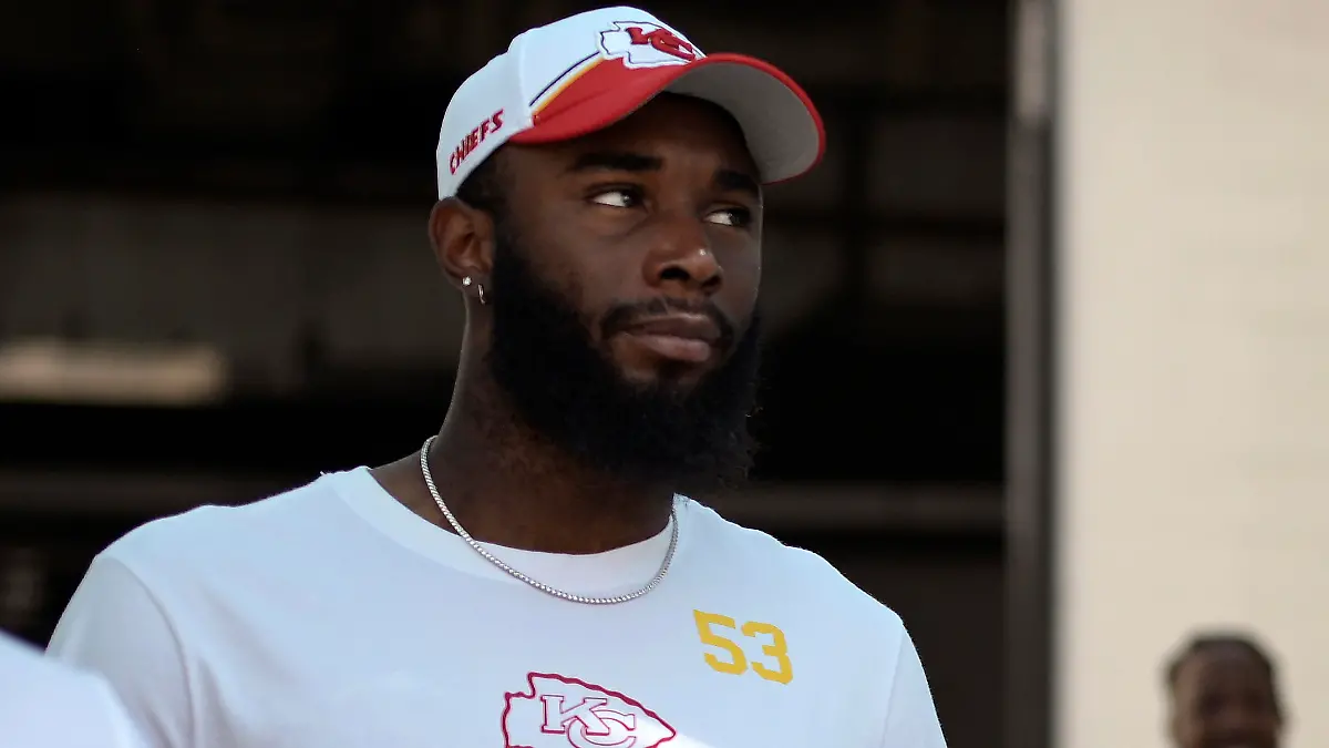 FILE - Kansas City Chiefs' B.J. Thompson (53) walks to the field before an NFL football game against the Jacksonville Jaguars, Sunday, Sept. 17, 2023, in Jacksonville, Fla. Chiefs backup B.J. Thompson was taken to a hospital in stable condition Thursday, June 6, 2024, after the defensive lineman experienced a cardiac event during a team meeting, a person familiar with the situation told The Associated Press.(AP Photo/Phelan M. Ebenhack, File)