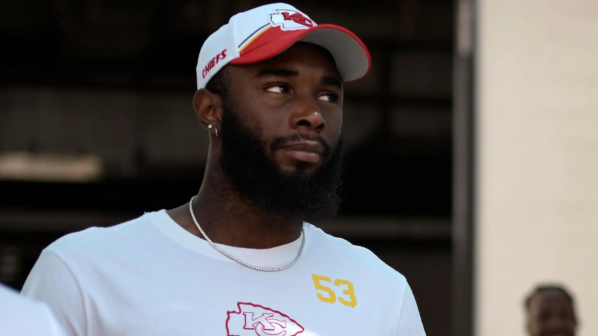 FILE - Kansas City Chiefs' B.J. Thompson (53) walks to the field before an NFL football game against the Jacksonville Jaguars, Sunday, Sept. 17, 2023, in Jacksonville, Fla. Chiefs backup B.J. Thompson was taken to a hospital in stable condition Thursday, June 6, 2024, after the defensive lineman experienced a cardiac event during a team meeting, a person familiar with the situation told The Associated Press.(AP Photo/Phelan M. Ebenhack, File)