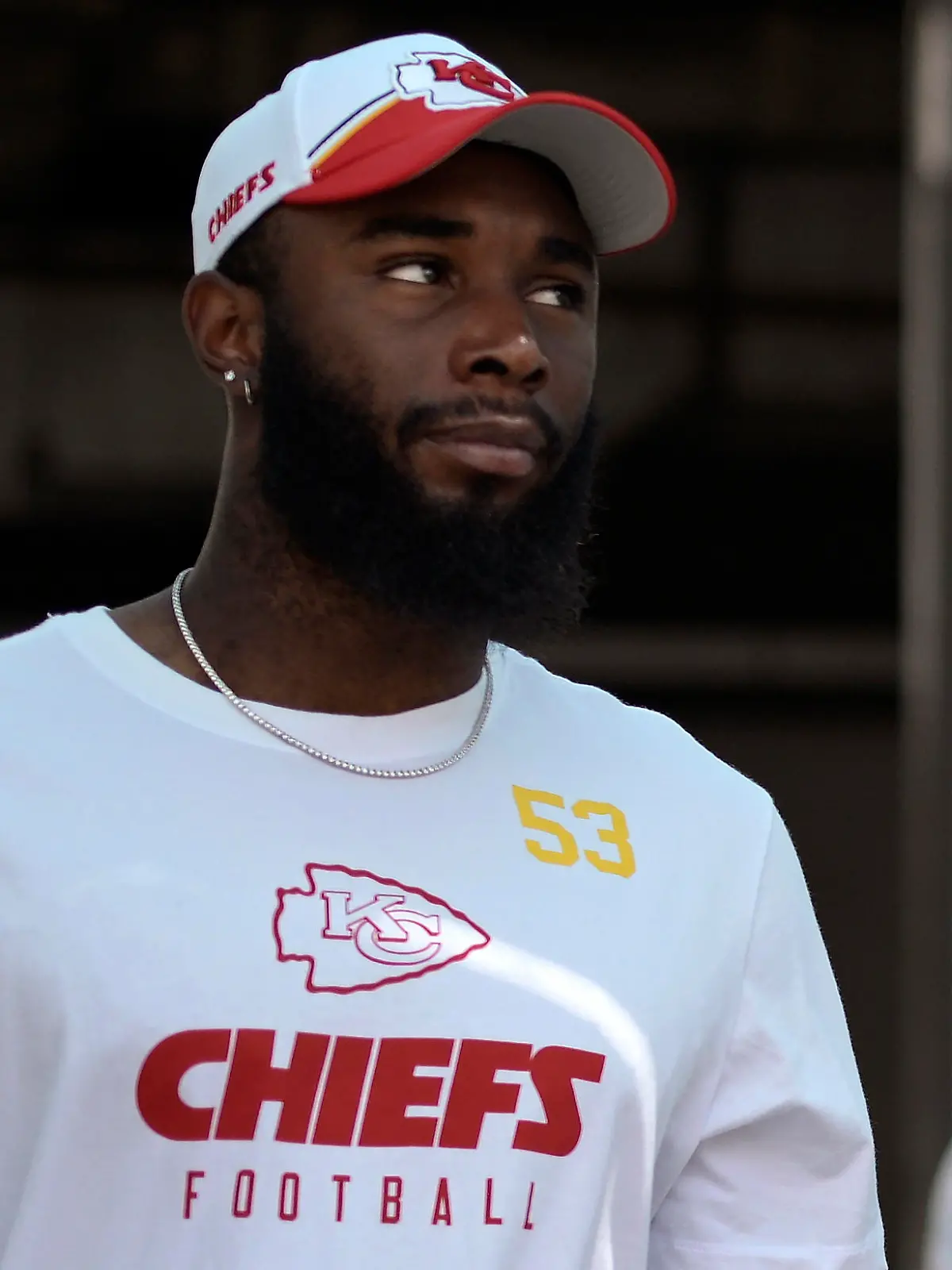 FILE - Kansas City Chiefs' B.J. Thompson (53) walks to the field before an NFL football game against the Jacksonville Jaguars, Sunday, Sept. 17, 2023, in Jacksonville, Fla. Chiefs backup B.J. Thompson was taken to a hospital in stable condition Thursday, June 6, 2024, after the defensive lineman experienced a cardiac event during a team meeting, a person familiar with the situation told The Associated Press.(AP Photo/Phelan M. Ebenhack, File)