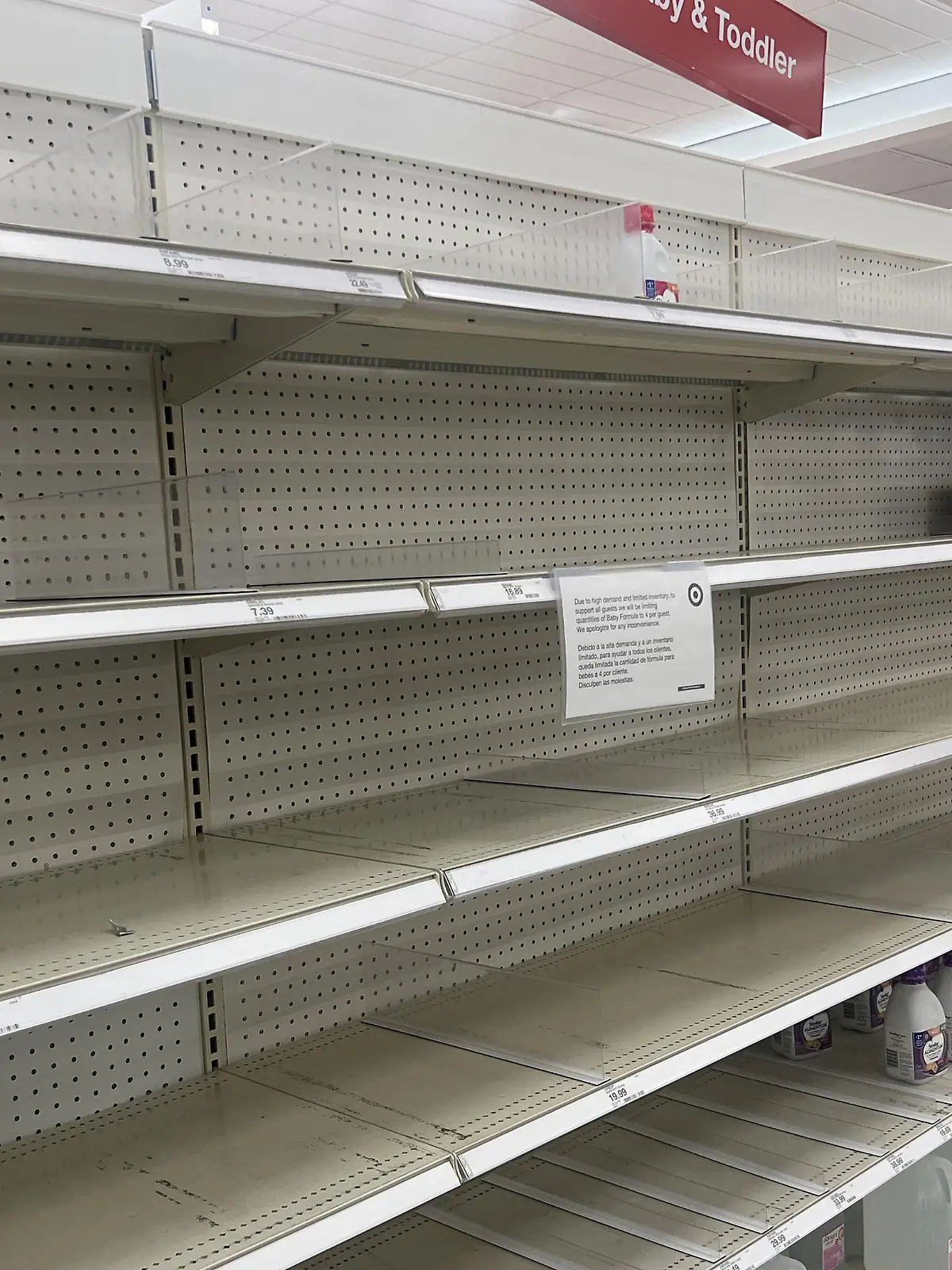 GAINESVILLE, VA - MAY 13: View of empty shelves at a Target as a baby formula shortage hits the USA as a recall due to contamination at Abbott Nutrition in February hits consumers on May 13, 2022 in Gainesville, Virginia. Credit: mpi34/MediaPunch