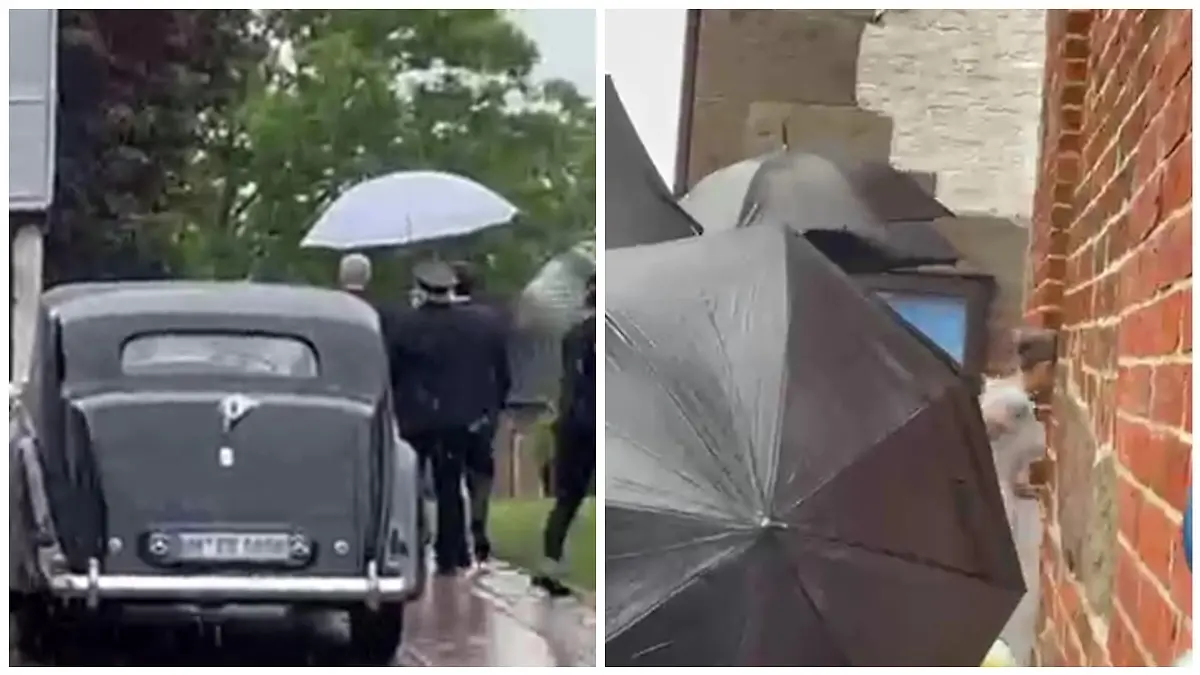 H.P. Baxxter und seine Sara betreten im Regen die Kirche
