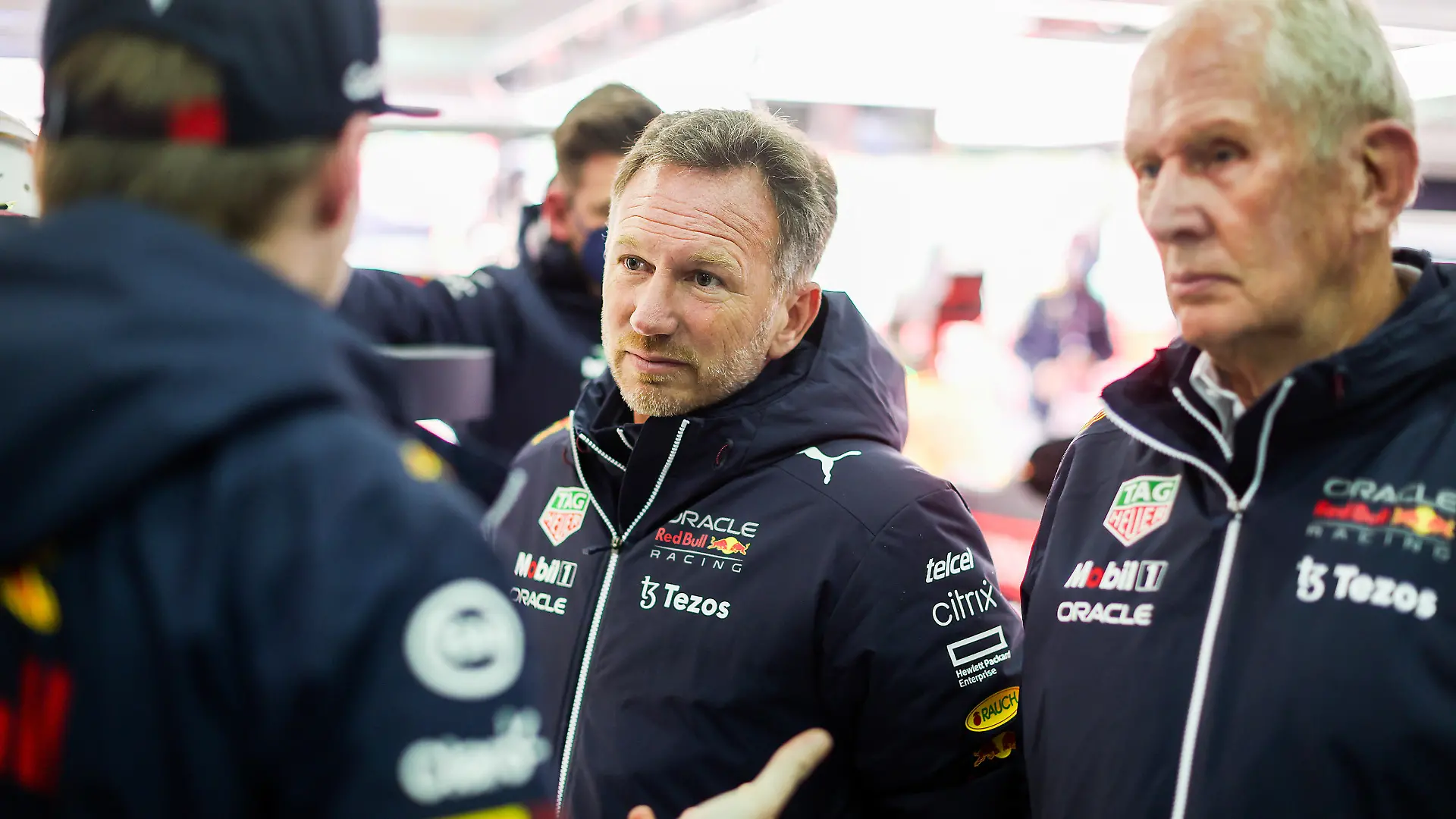 IMOLA, ITALY - APRIL 22: Christian Horner of Great Britain and Red Bull Racing and Helmut Marko of Red Bull Racing and Austria chat with Max Verstappen of Red Bull Racing and The Netherlands during practice/ ahead of the F1 Grand Prix of Emilia Romagna at Autodromo Enzo e Dino Ferrari on April 22, 2022 in Imola, Italy. (Photo by Peter Fox/Getty Images)