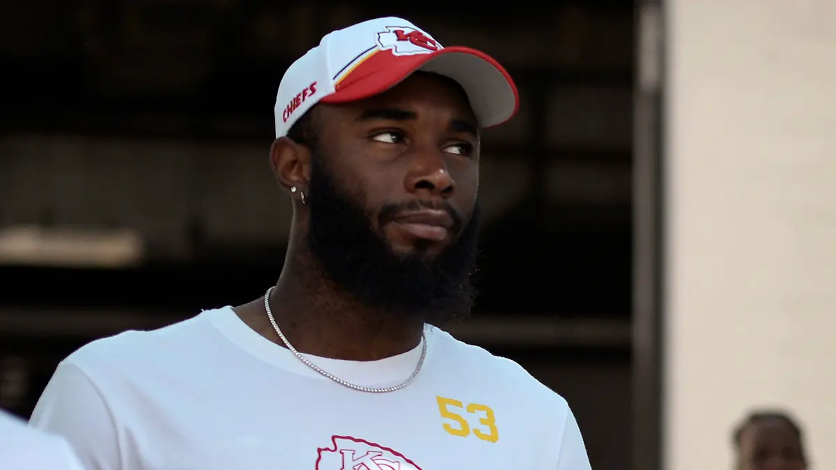 FILE - Kansas City Chiefs' B.J. Thompson (53) walks to the field before an NFL football game against the Jacksonville Jaguars, Sunday, Sept. 17, 2023, in Jacksonville, Fla. Chiefs backup B.J. Thompson was taken to a hospital in stable condition Thursday, June 6, 2024, after the defensive lineman experienced a cardiac event during a team meeting, a person familiar with the situation told The Associated Press.(AP Photo/Phelan M. Ebenhack, File)