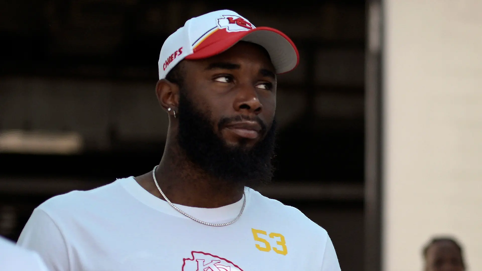 FILE - Kansas City Chiefs' B.J. Thompson (53) walks to the field before an NFL football game against the Jacksonville Jaguars, Sunday, Sept. 17, 2023, in Jacksonville, Fla. Chiefs backup B.J. Thompson was taken to a hospital in stable condition Thursday, June 6, 2024, after the defensive lineman experienced a cardiac event during a team meeting, a person familiar with the situation told The Associated Press.(AP Photo/Phelan M. Ebenhack, File)