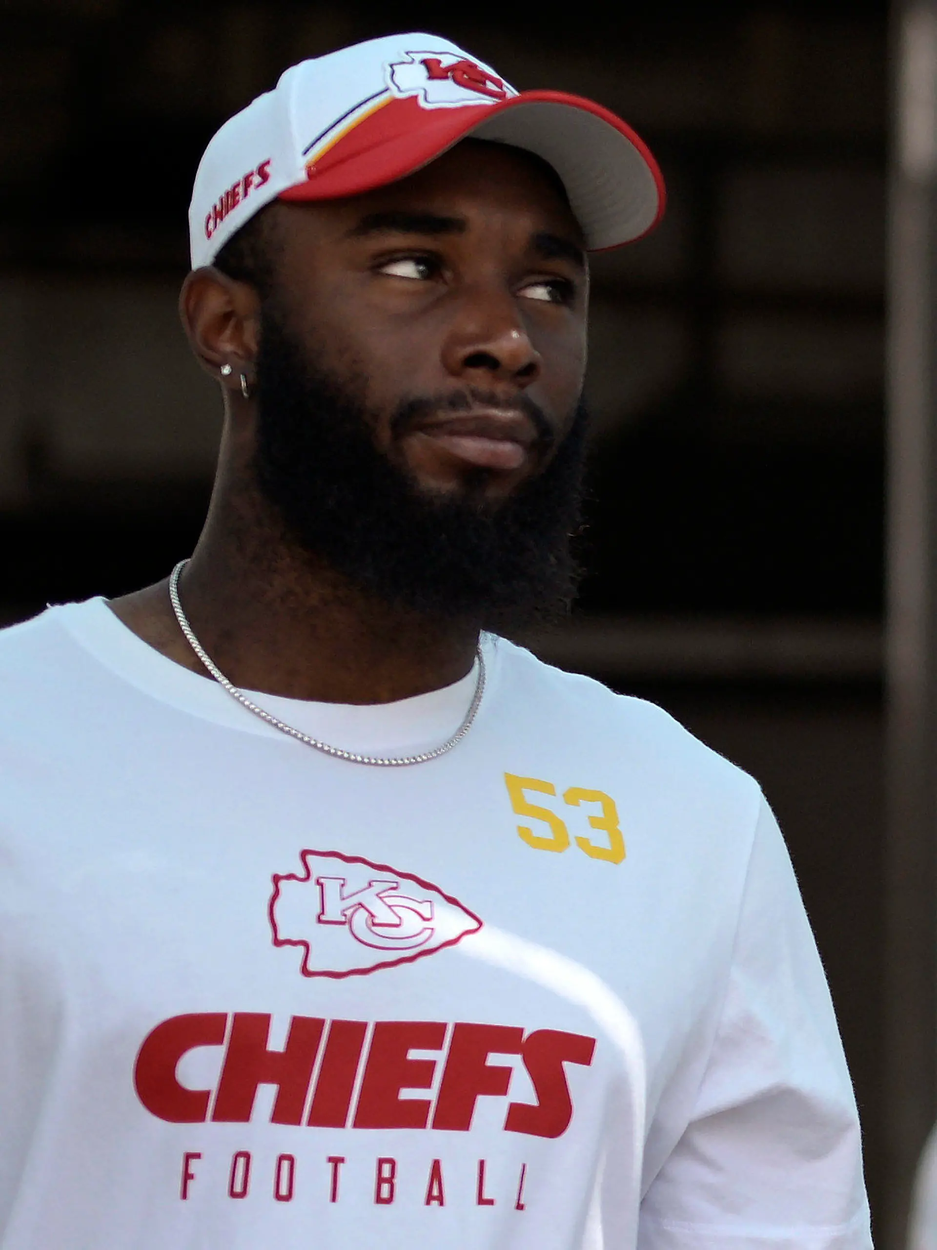 FILE - Kansas City Chiefs' B.J. Thompson (53) walks to the field before an NFL football game against the Jacksonville Jaguars, Sunday, Sept. 17, 2023, in Jacksonville, Fla. Chiefs backup B.J. Thompson was taken to a hospital in stable condition Thursday, June 6, 2024, after the defensive lineman experienced a cardiac event during a team meeting, a person familiar with the situation told The Associated Press.(AP Photo/Phelan M. Ebenhack, File)
