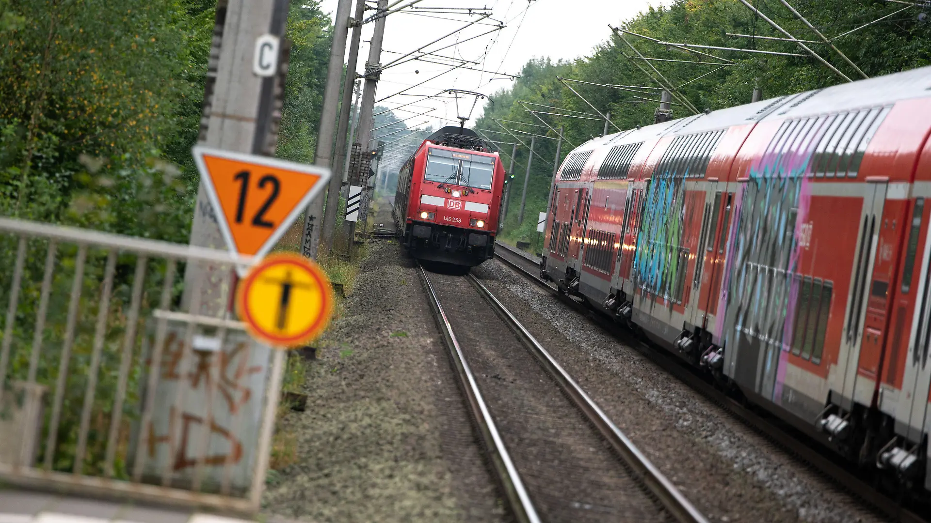 ARCHIV - 16.09.2021, Schleswig-Holstein, Ahrensburg: Zwei Regionalzüge der Deutschen Bahn (DB) begegnen sich vor einem Bahnhof. (zu dpa: «Zug fährt in Wismar über Bahnsteig hinaus · 100 000 Euro Schaden») Foto: Jonas Walzberg/dpa +++ dpa-Bildfunk +++