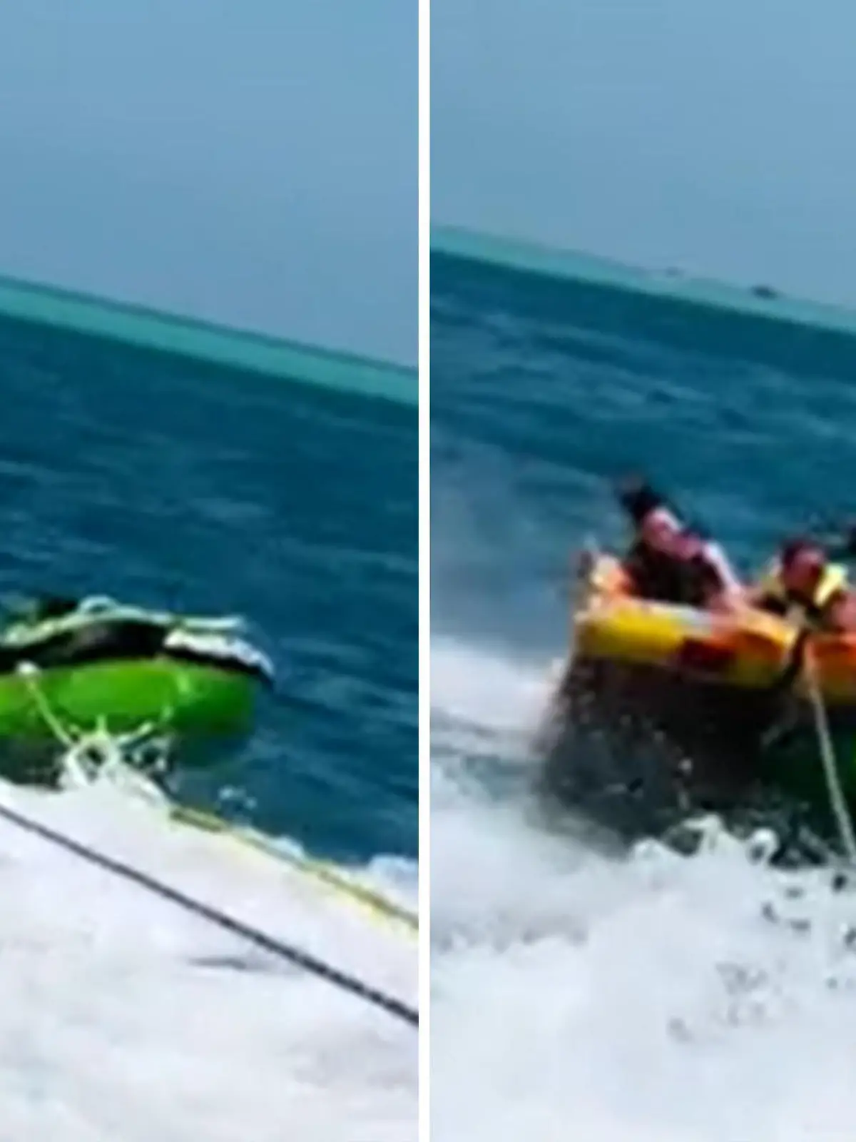 Und plötzlich wird er von einem anderen Schlauchboot überfahren! Eine Gruppe und ein Mann lassen sich in Tarpon Springs in Florida auf Schlauchbooten von einem Speedboot ziehen. Dabei nimmt die Gruppe so viel Geschwindigkeit auf, dass sie das kleinere Boot des Mannes überrollen. Er landet im Wasser. Ob die Gruppe im Trockenen bleibt oder auch Baden geht, zeigen wir euch im Video.