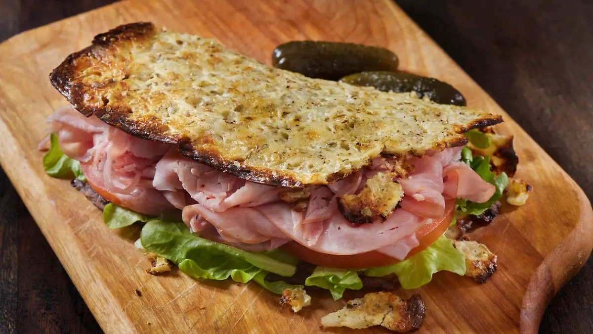 The Viral Cottage Cheese flat Bread Wrap with Lettuce, Swiss Cheese, Tomato and Sliced Ham