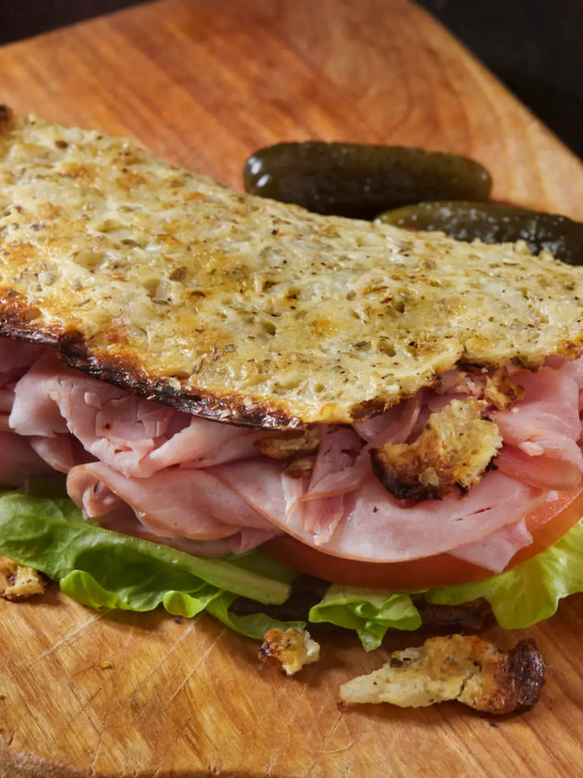The Viral Cottage Cheese flat Bread Wrap with Lettuce, Swiss Cheese, Tomato and Sliced Ham