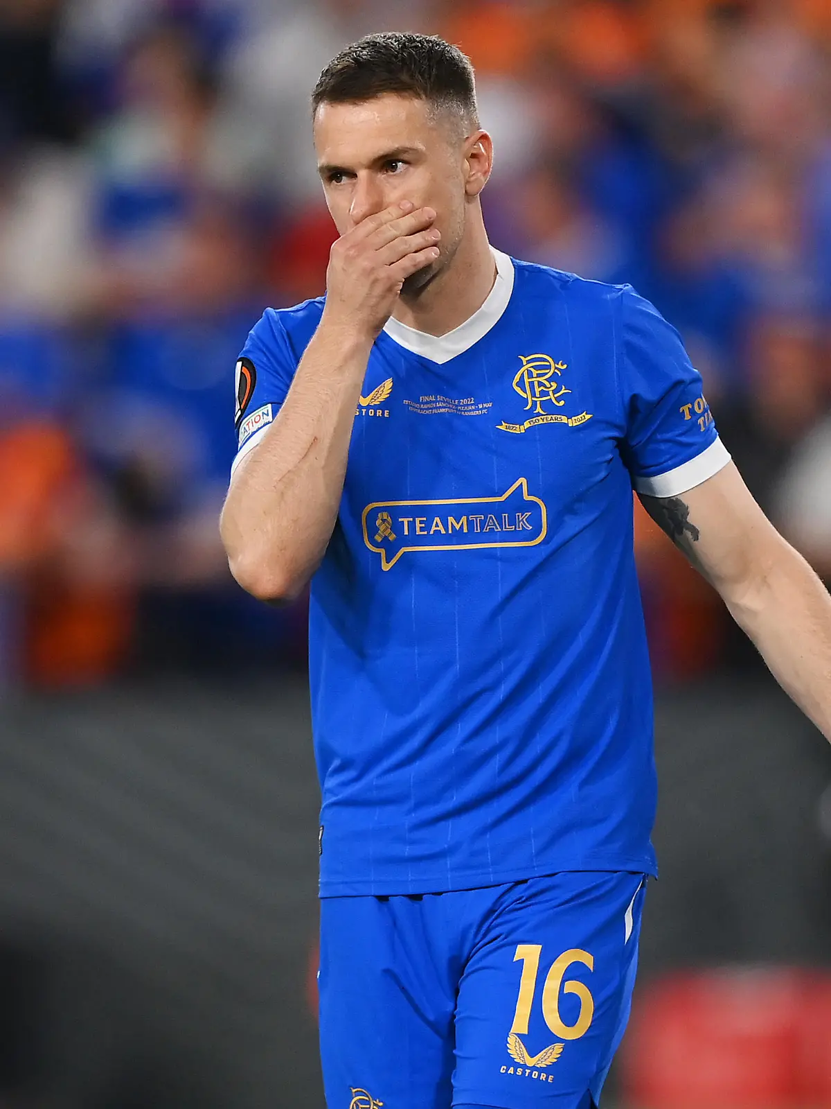 SEVILLE, SPAIN - MAY 18: Aaron Ramsey of Rangers looks dejected after having their side's fourth penalty saved during the penalty shoot out during the UEFA Europa League final match between Eintracht Frankfurt and Rangers FC at Estadio Ramon Sanchez Pizjuan on May 18, 2022 in Seville, Spain. (Photo by Justin Setterfield/Getty Images)