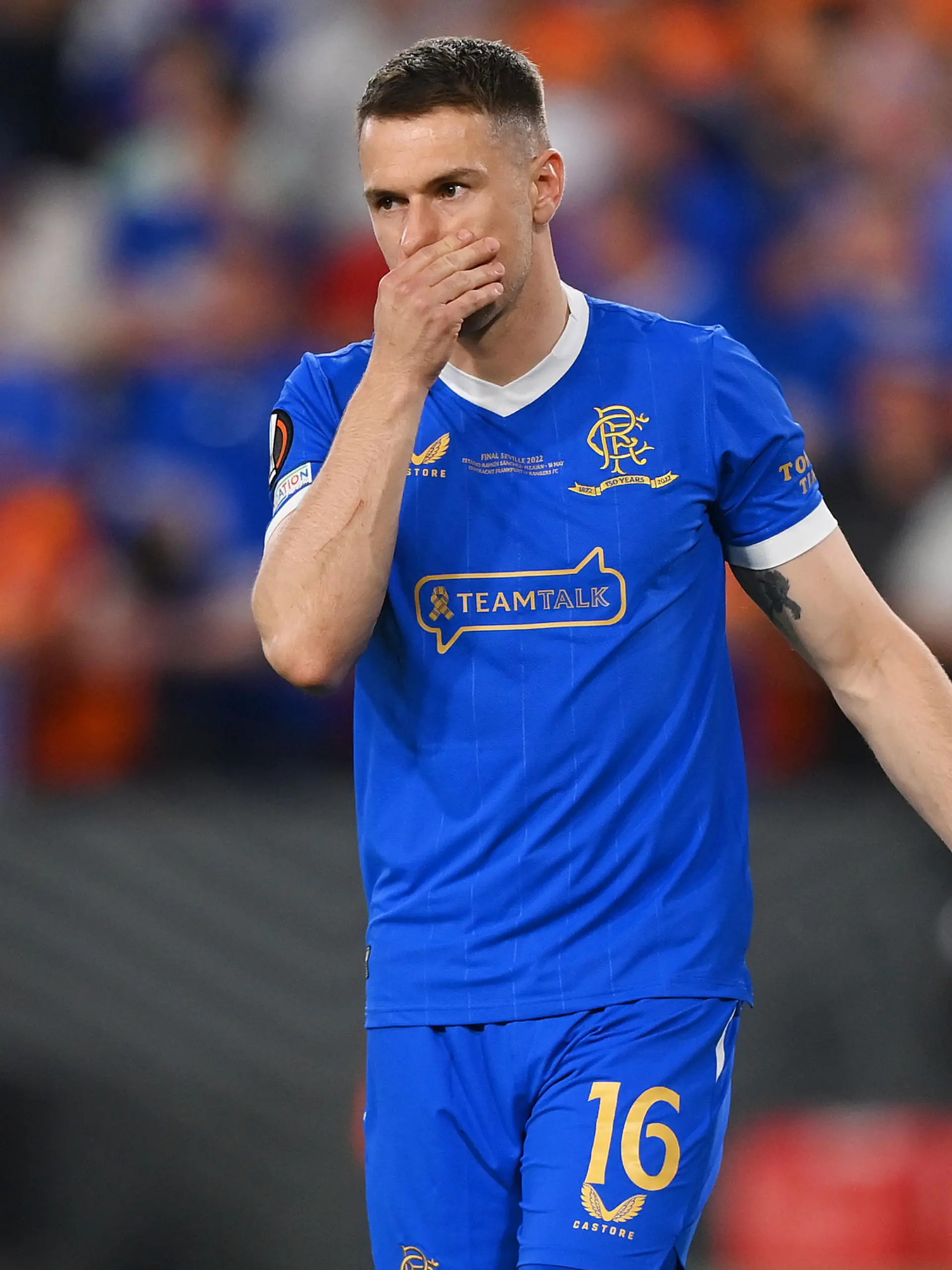 SEVILLE, SPAIN - MAY 18: Aaron Ramsey of Rangers looks dejected after having their side's fourth penalty saved during the penalty shoot out during the UEFA Europa League final match between Eintracht Frankfurt and Rangers FC at Estadio Ramon Sanchez Pizjuan on May 18, 2022 in Seville, Spain. (Photo by Justin Setterfield/Getty Images)