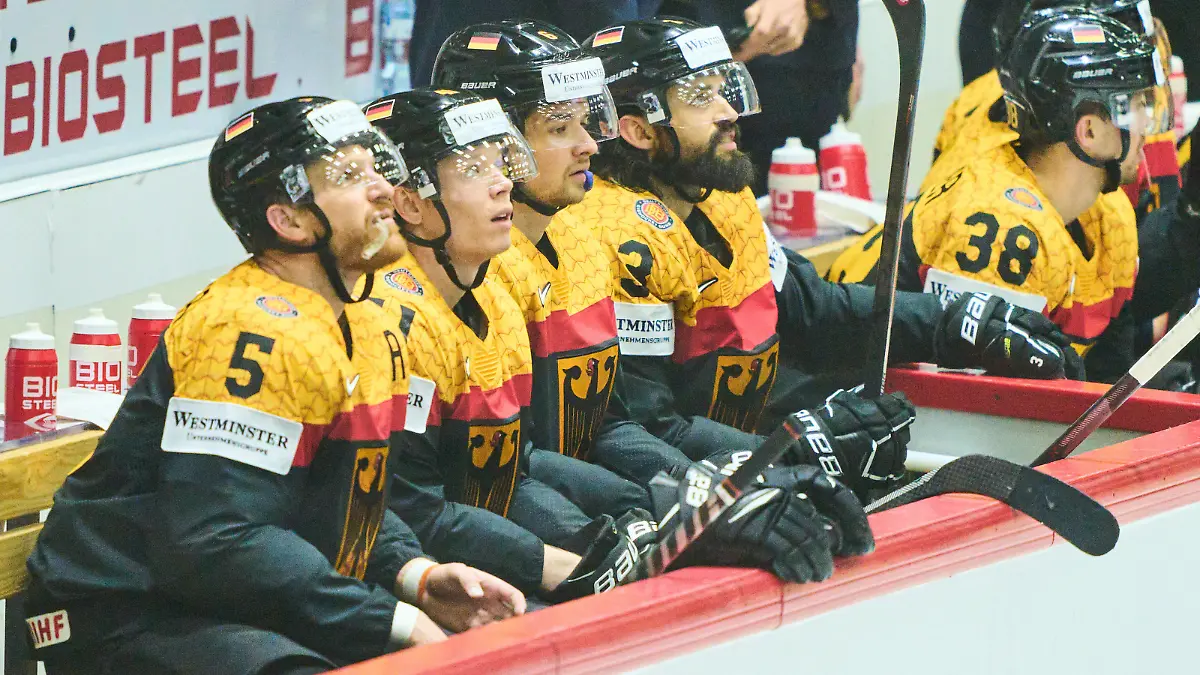 Korbinian Holzer Nr.5 of Germany Jonas Mueller, Müller Nr. 41 of Germany Kai Wissmann, Nr. 6 of Germany Dominik BITTNER Nr.3 of Germany in the match GERMANY - FRANCE 3-2 of the IIHF Ice hockey, Eishockey World Championship, WM, Weltmeisterschaft Group B in Helsinki, Finland, May 16, 2022, Season 2021/2022