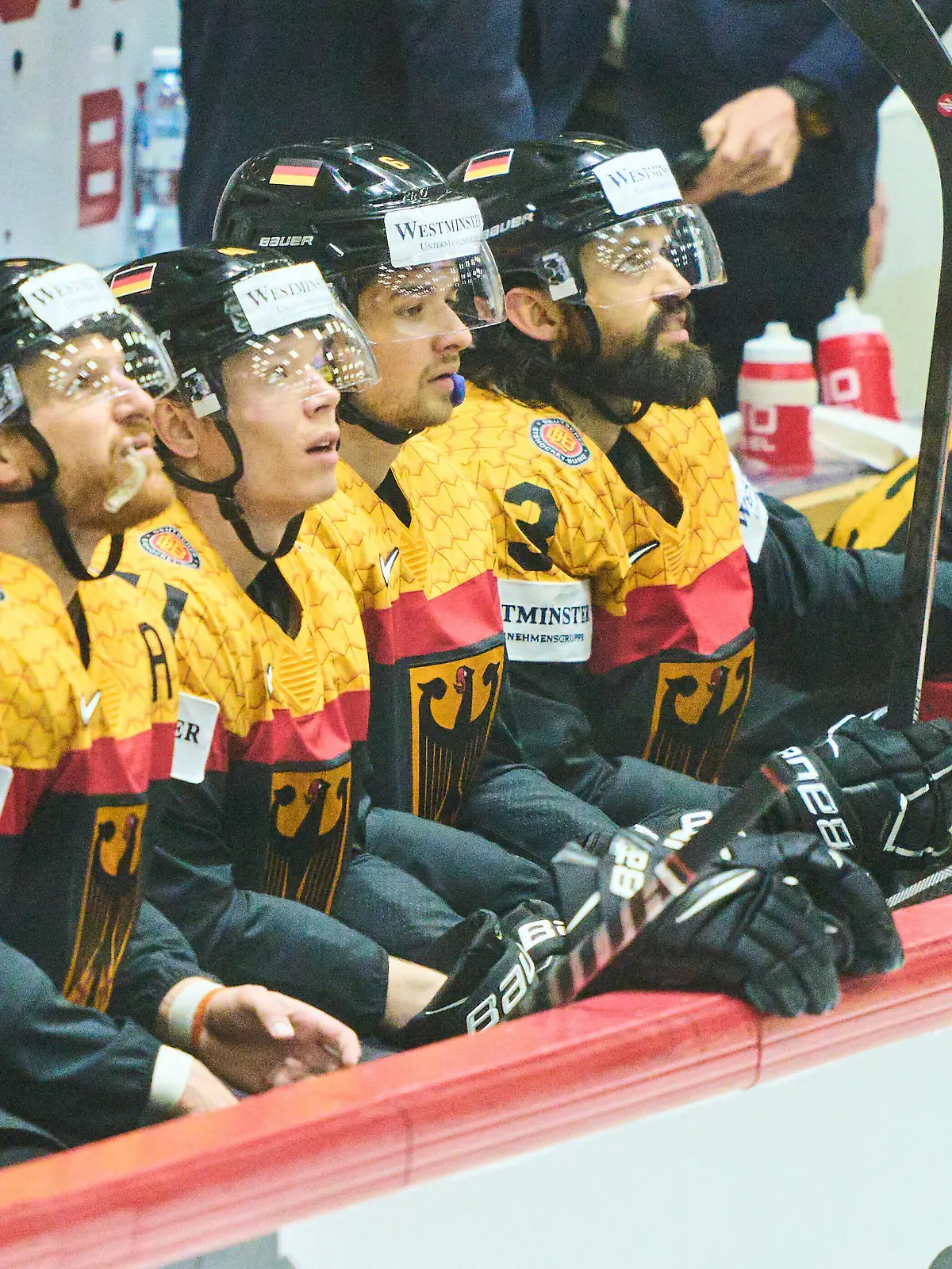  Korbinian Holzer Nr.5 of Germany Jonas Mueller, Müller Nr. 41 of Germany Kai Wissmann, Nr. 6 of Germany Dominik BITTNER Nr.3 of Germany in the match GERMANY - FRANCE 3-2 of the IIHF Ice hockey, Eishockey World Championship, WM, Weltmeisterschaft Group B in Helsinki, Finland, May 16, 2022, Season 2021/2022
