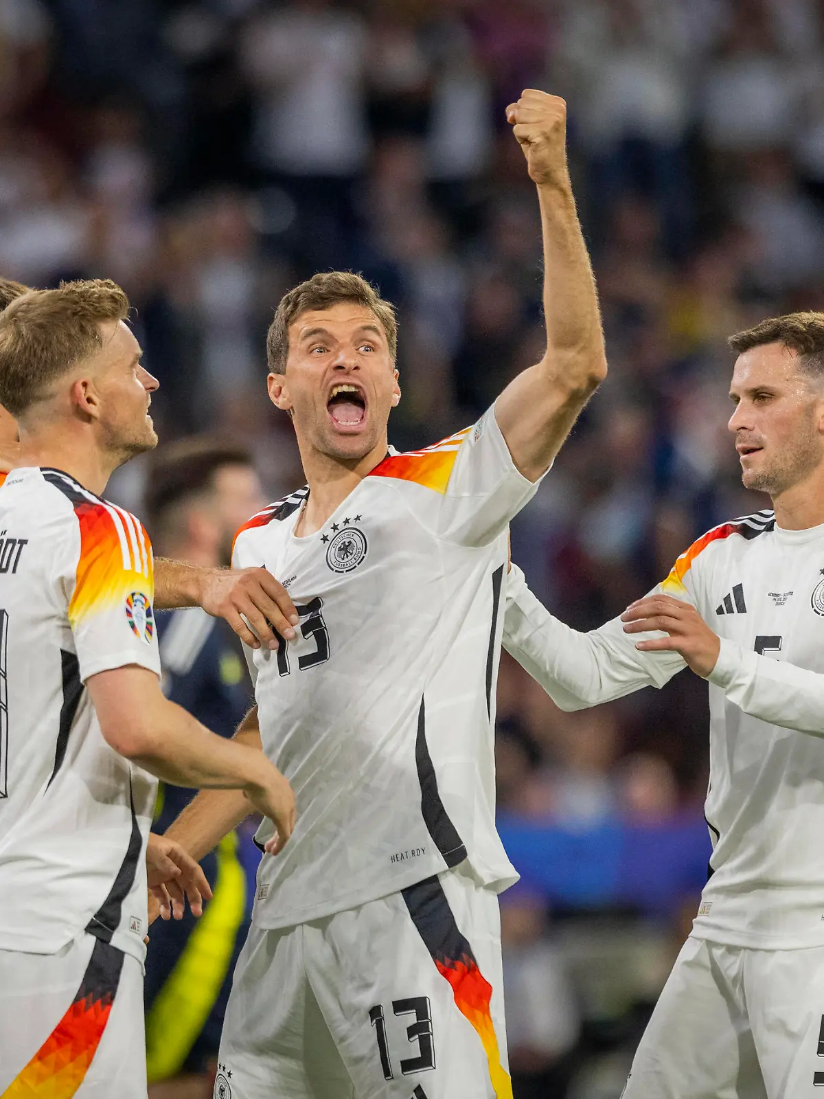 Munich, Germany. 14th Jun 2024. Goal celebration Niclas Füllkrug DFB Maximilian Mittelstädt DFB Thomas Müller DFB Pascal Groß DFB Germany - Scotland Deutschland - Schottland 14.06.2024 *** Munich, Germany 14th Jun 2024 Goal celebration Niclas Füllkrug DFB Maximilian Mittelstädt DFB Thomas Müller DFB Pascal Groß DFB Germany Scotland Germany Scotland 14 06 2024