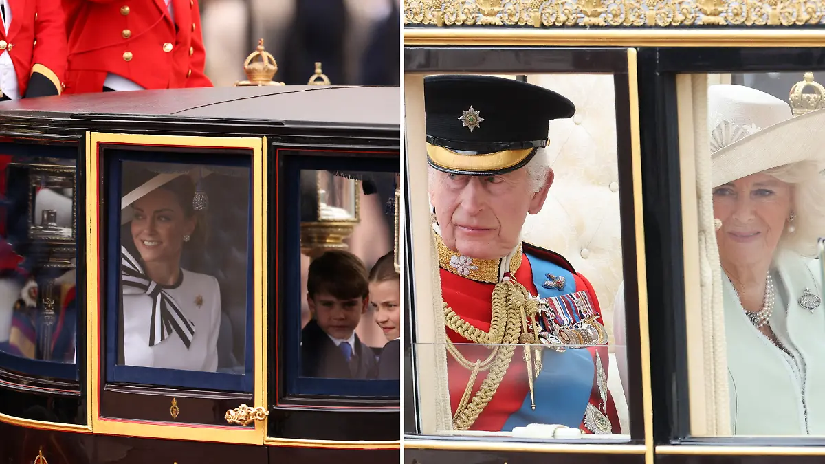 Prinzessin Kate mit ihren drei Kindern sowie König Charles III. und Königin Camilla bei der Parade zu „Trooping the Colour” in London.