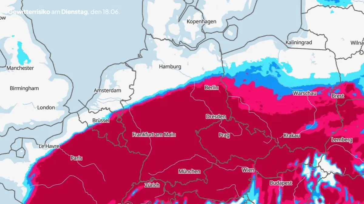 Das Gewitterrisiko ist am Dienstag, 18.06.2024