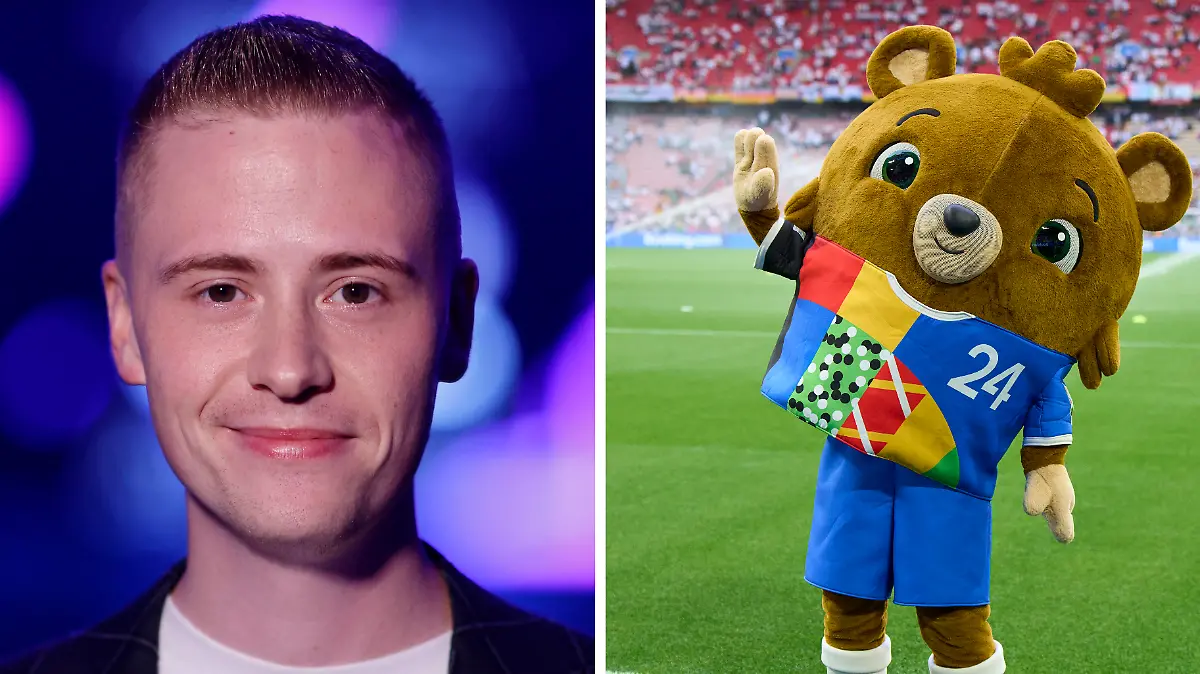 Marvin Wildhage gibt sich mit Erfolg als EM-Maskottchen „Albärt” aus.