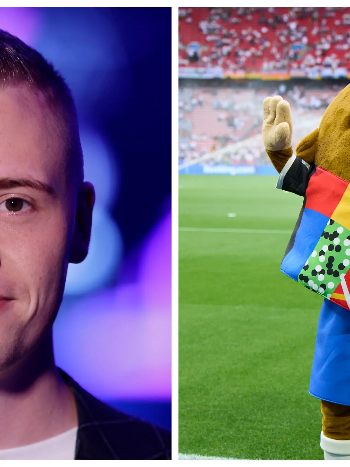 Marvin Wildhage gibt sich mit Erfolg als EM-Maskottchen „Albärt” aus.