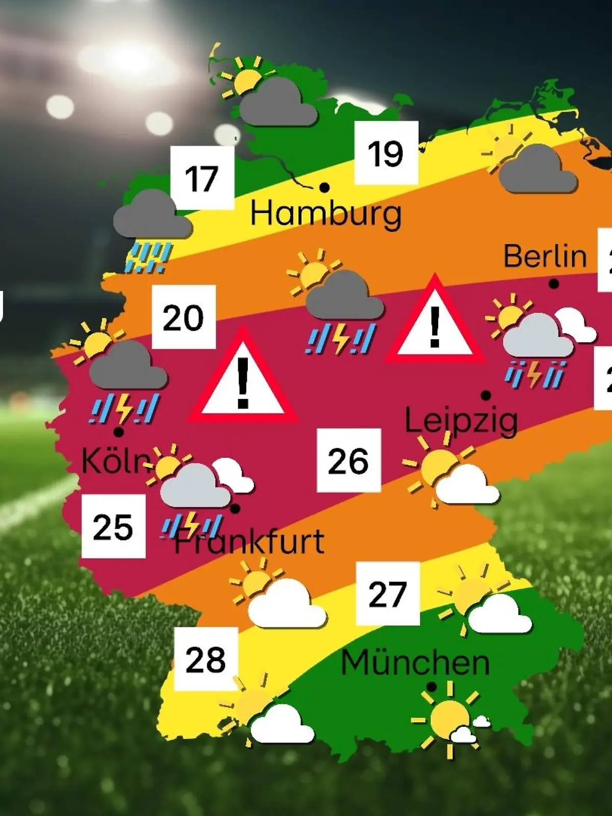 Die Unwetter-Gefahrenkarte für Dìenstag, 18.06.2024