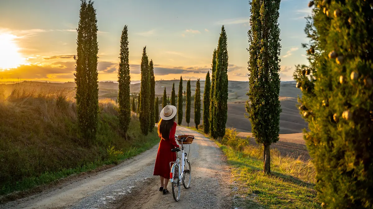 Young girl in red dress watching the sunset sitting on a vintage bicycle