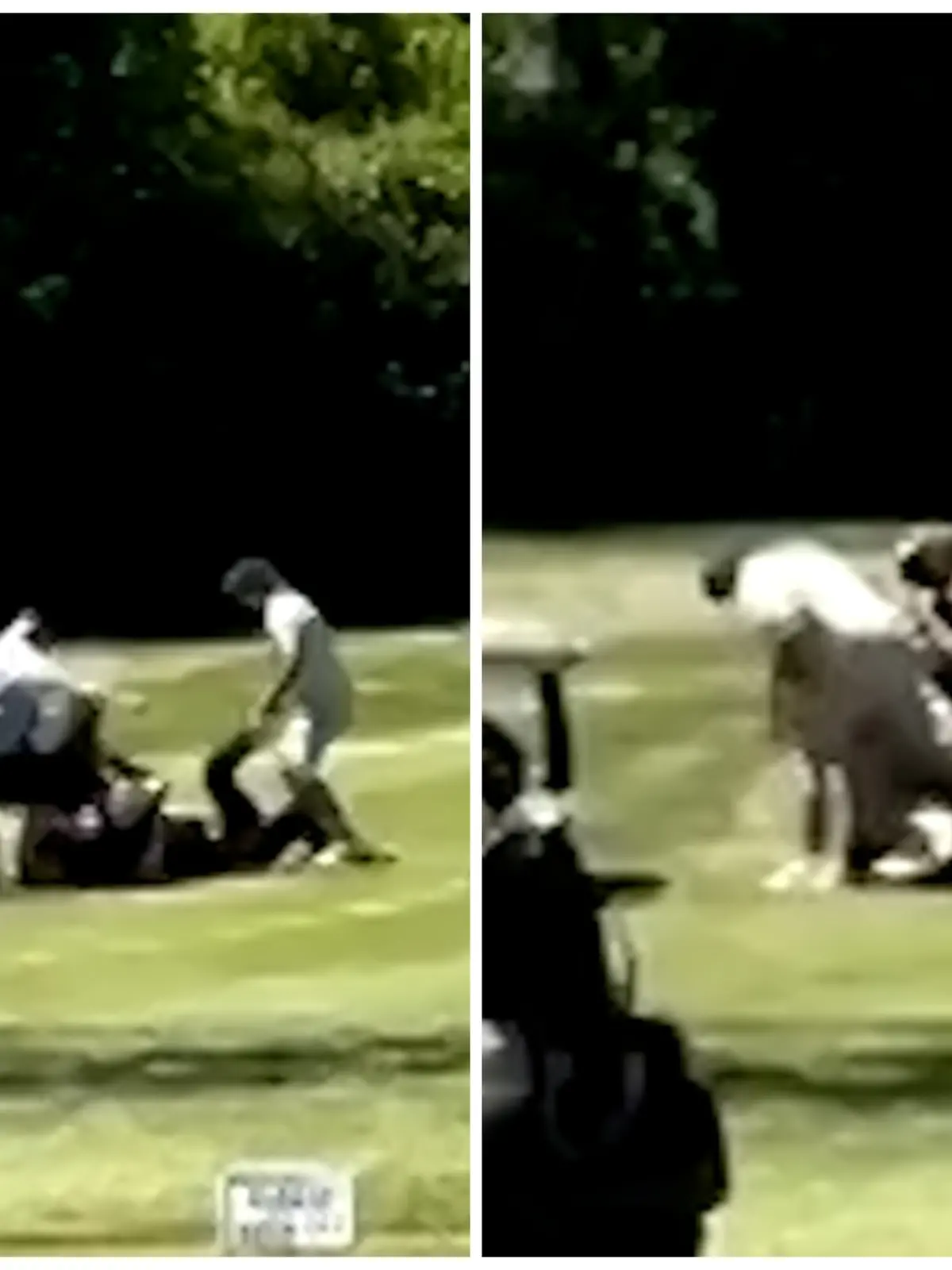 Ein paar Männer prügeln sich mitten auf dem Golfplatz