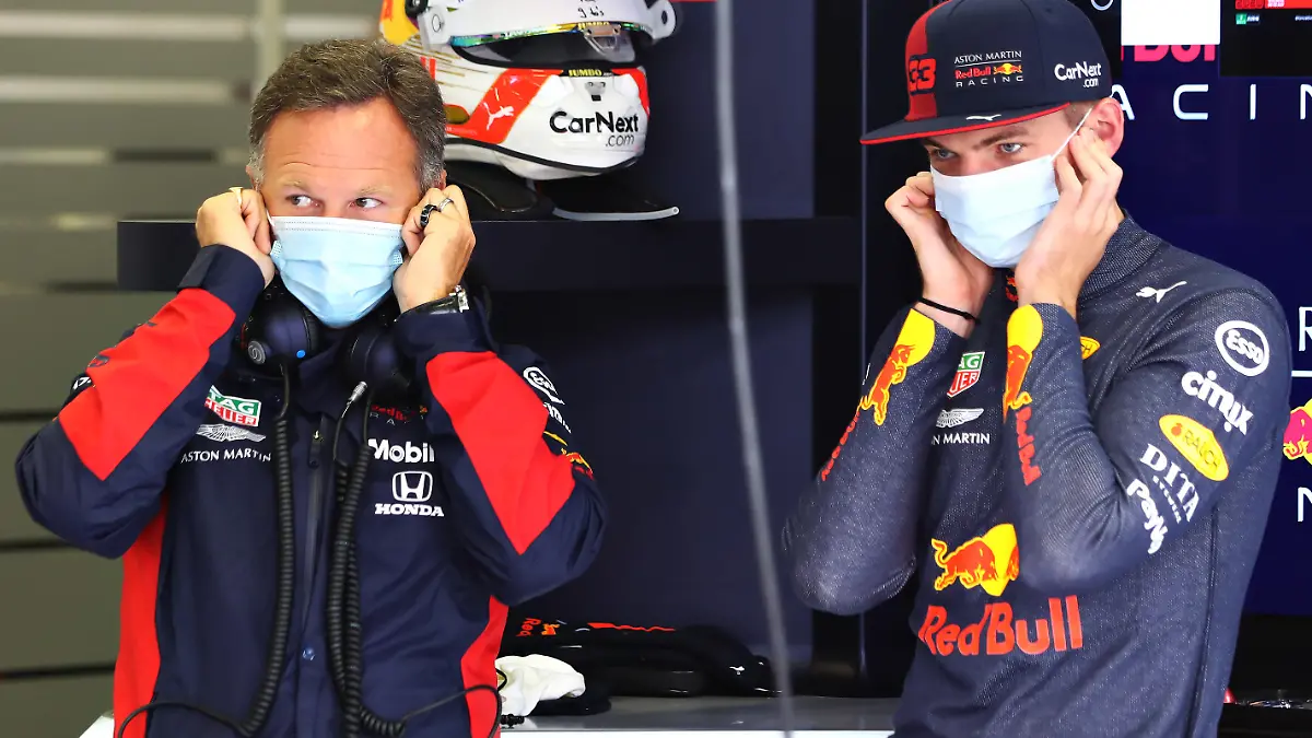 SPIELBERG, AUSTRIA - JULY 03: Max Verstappen of Netherlands and Red Bull Racing and Red Bull Racing Team Principal Christian Horner look on in the garage during practice for the F1 Grand Prix of Austria at Red Bull Ring on July 03, 2020 in Spielberg, Austria. (Photo by Getty Images/Getty Images)