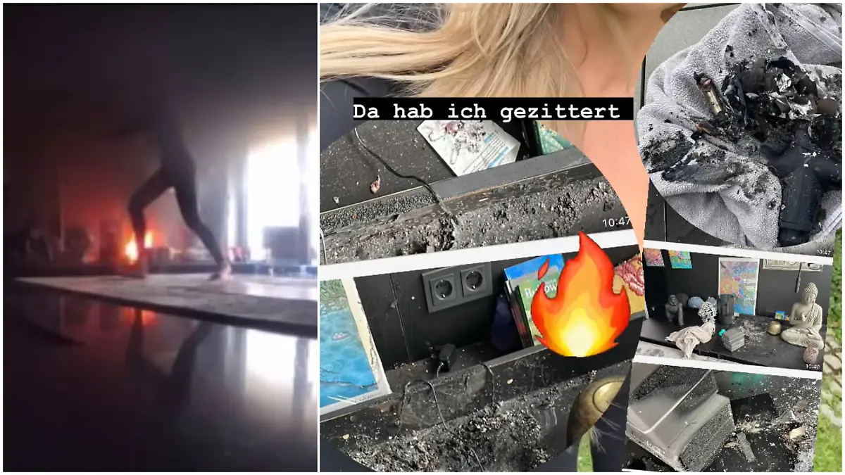 Alina Schulte im Hoff zeigt ein Video des Feuers und Fotos der Brandstelle.