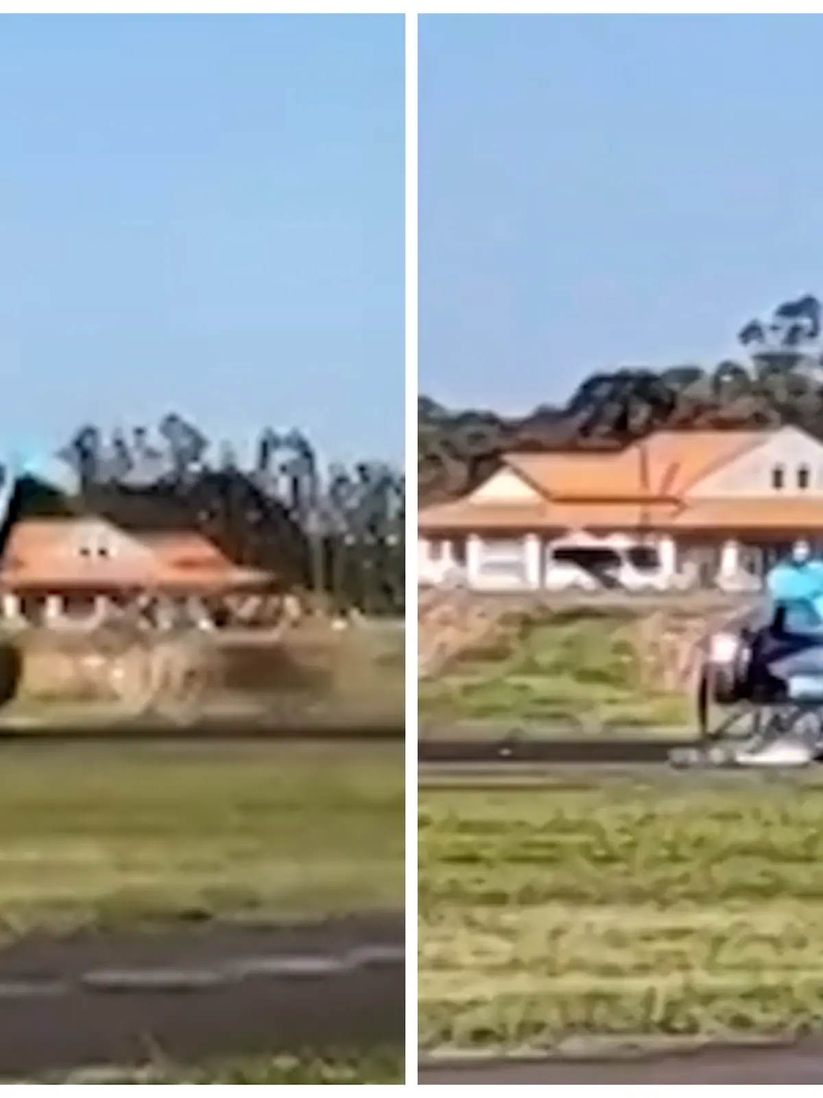 Fotokollage: Links der Flieger im Moment des Überschlags, rechts der auf dem Kopf liegende Flieger.