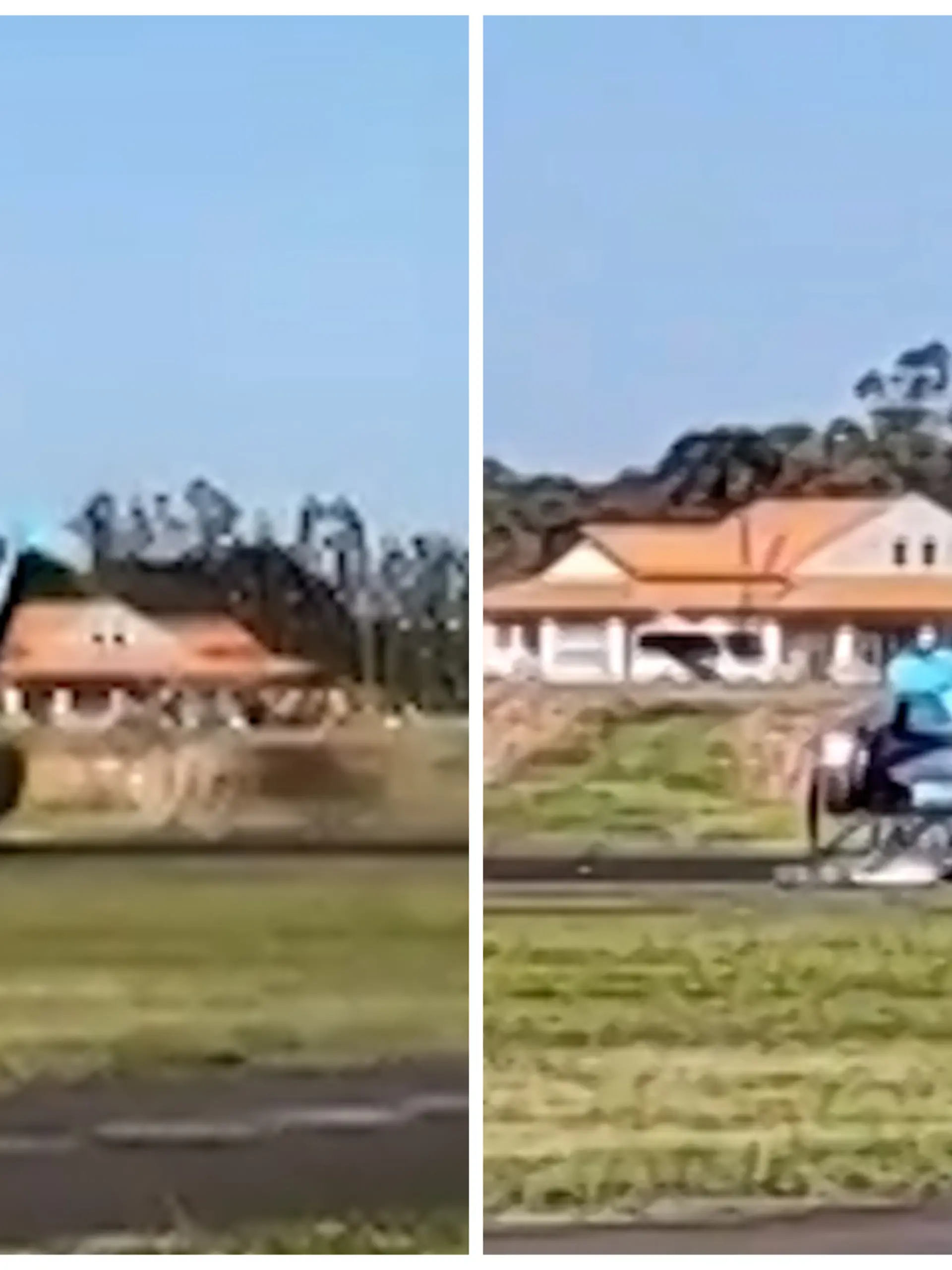 Fotokollage: Links der Flieger im Moment des Überschlags, rechts der auf dem Kopf liegende Flieger.