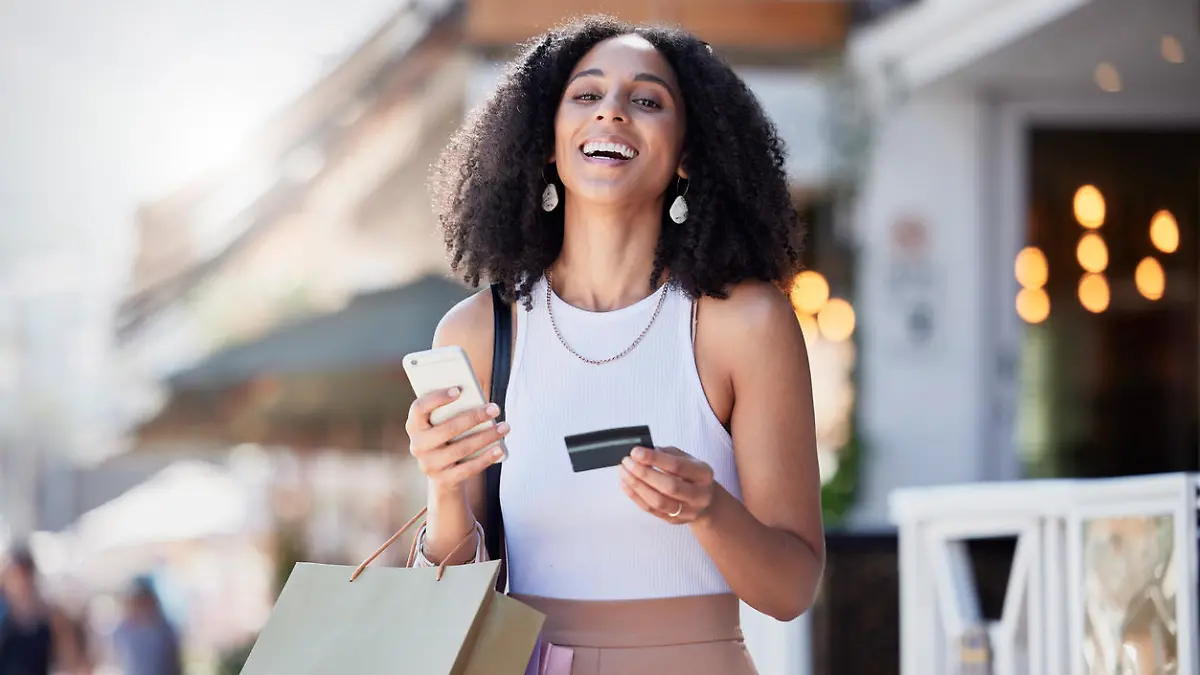 Shopping, credit card and portrait of woman with phone for ecommerce, information or confirmation. Online payment, face and banking for girl retail customer at a mall while checking credit score