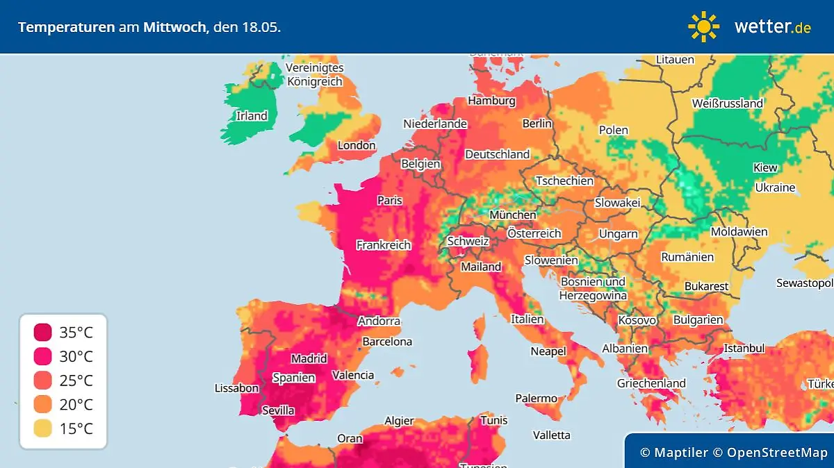 Europakarte mit den Temperaturen am Mittwoch, 18. Mai 2022
