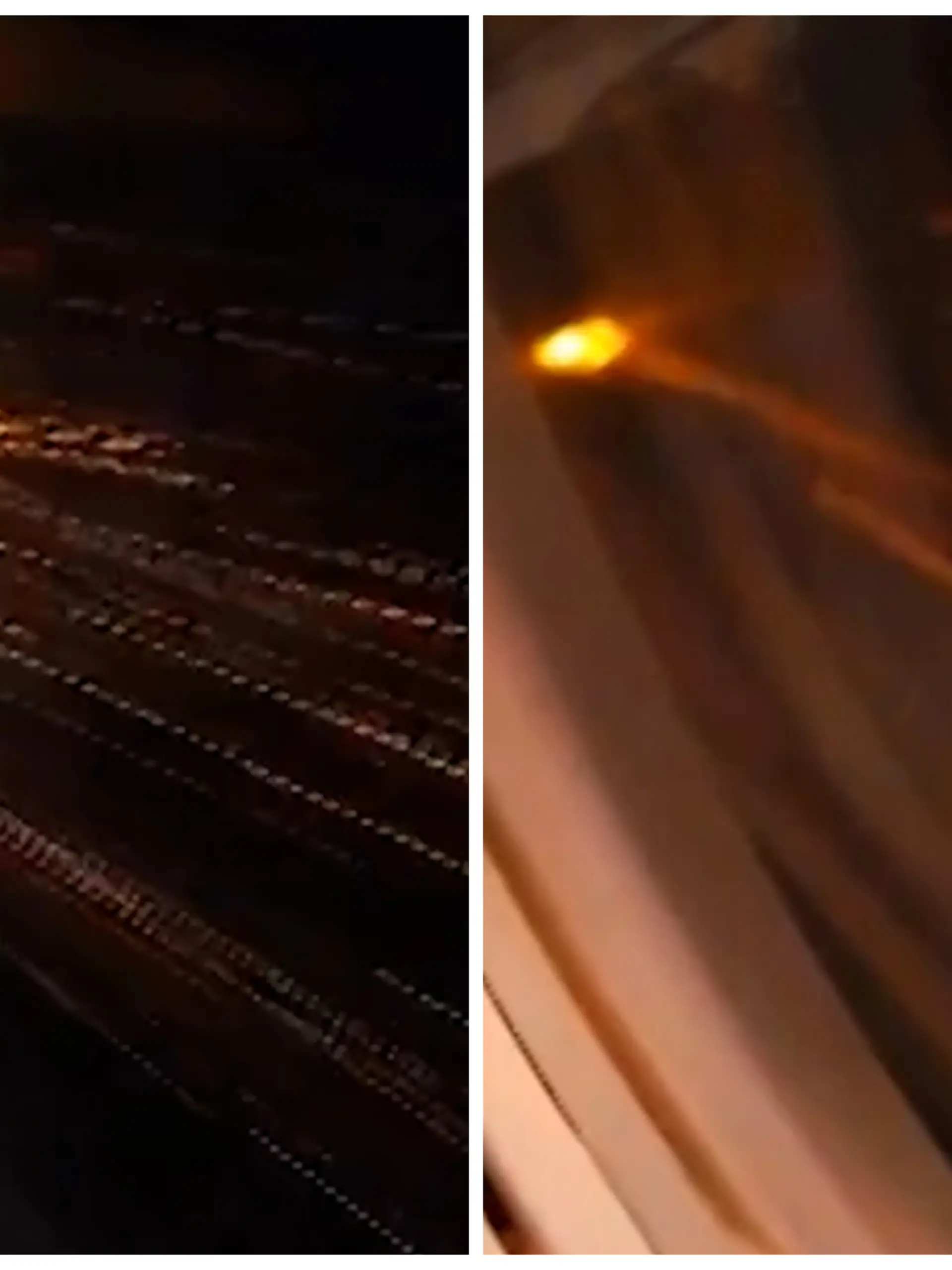 Fotokollage zweier Aufnahmen aus dem Flugzeugfenster, Funken sprühen aus der Turbine.