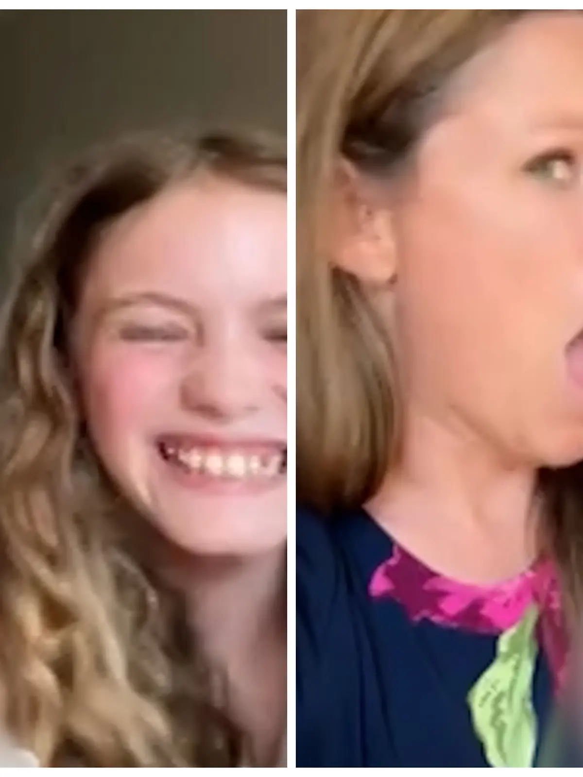 Fotokollage: Links lacht die Tochter und rechts schaut die Mutter mit offenem Mund