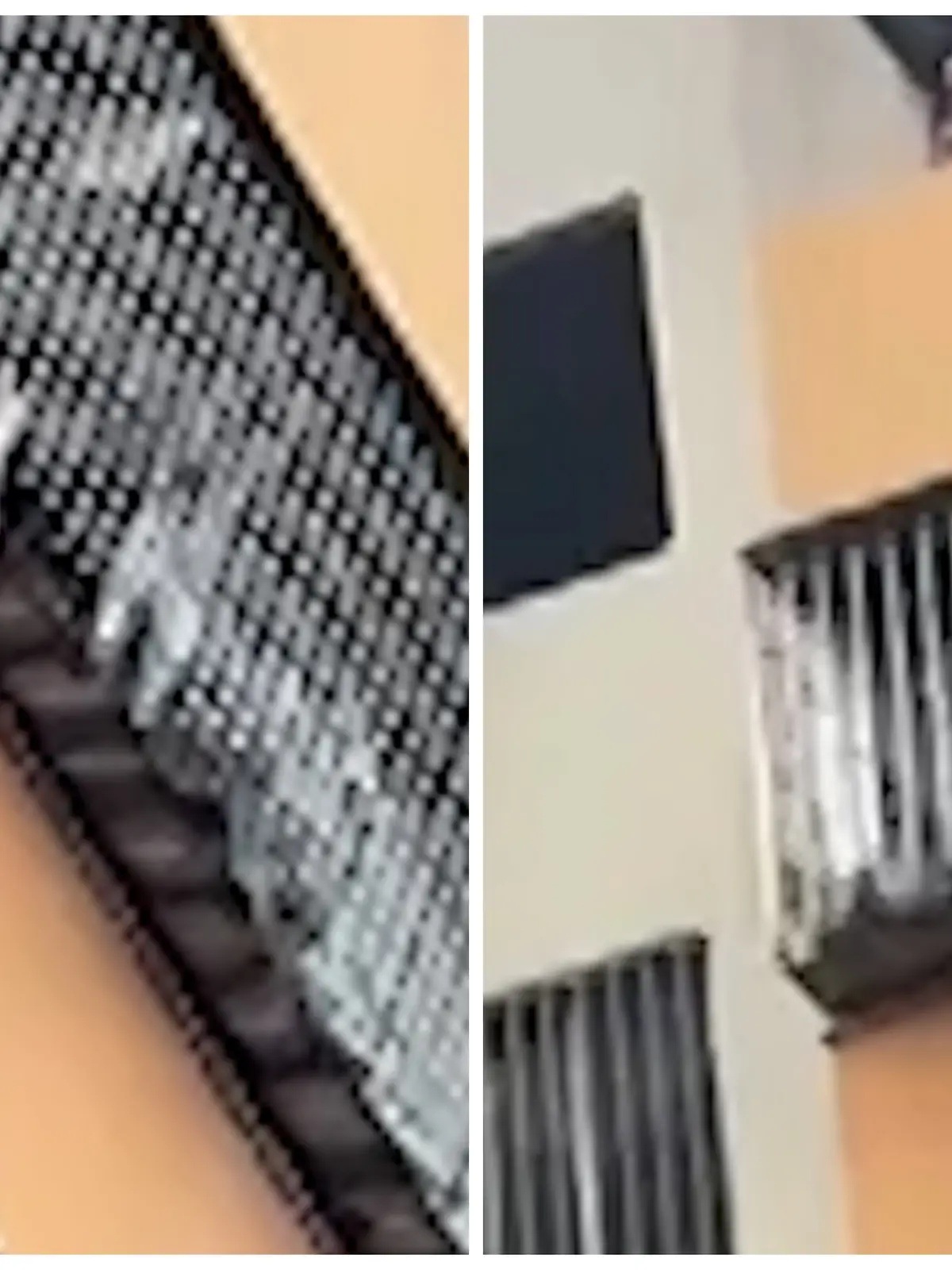 Fotokollage: Links das Kind vom Balkon hängend, rechts: Mann seilt sich ab 